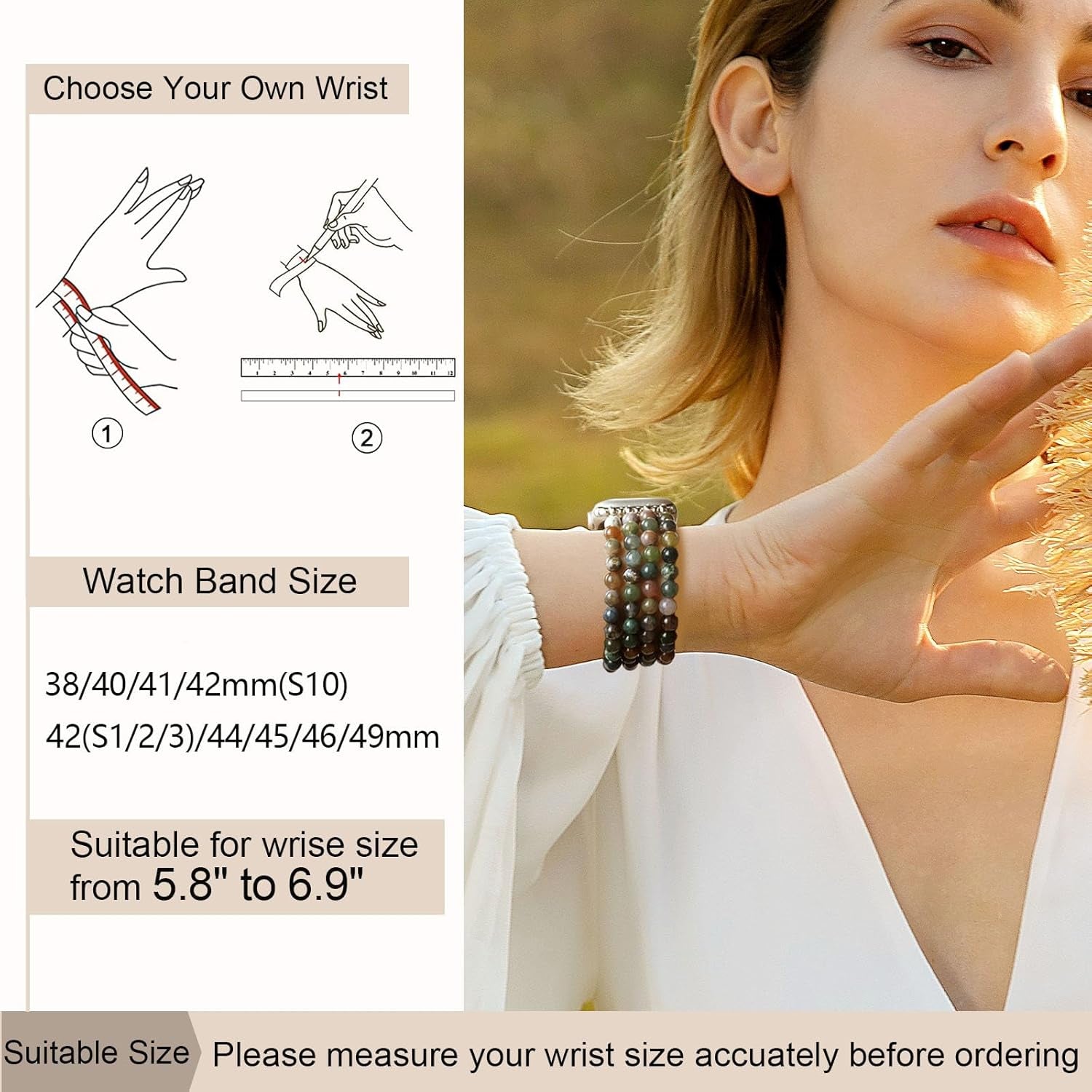 Bling Stretchy Nylon Band Stone Bracelet Beaded-Bands Women Compatible with Apple Watch Band 38Mm 40Mm 41Mm 42Mm (S10) Cute Handmade Elastic Stretch Strap for Iwatch Series 10/9/8/76/5/4/3