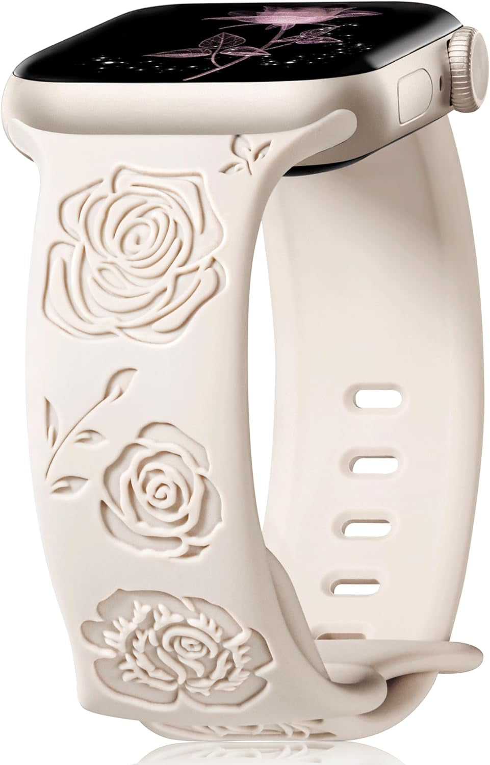 Designer Floral Engraved Bands Compatible with Apple Watch Bands for Women 40Mm 41Mm 38Mm, Cute Soft Silicone Rose Iwatch Bands for Apple Watch Series 9 Band SE 8 7 6 5 4 3 2 1-Starlight