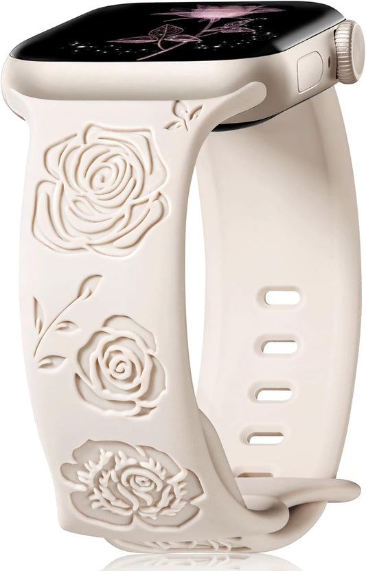 Designer Floral Engraved Bands Compatible with Apple Watch Bands for Women 40Mm 41Mm 38Mm, Cute Soft Silicone Rose Iwatch Bands for Apple Watch Series 9 Band SE 8 7 6 5 4 3 2 1-Starlight