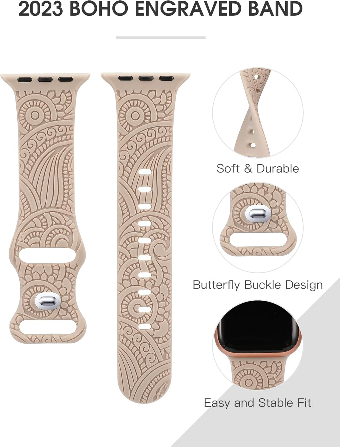 Boho Engraved Band Compatible with Apple Watch Band 42/44/45/46/49Mm Women Men, Bohemian Designer Sport Soft Silicone Fancy Dressy Straps for Iwatch Series Ultra 10/9/SE/8/7/6/5/4/3/2/1