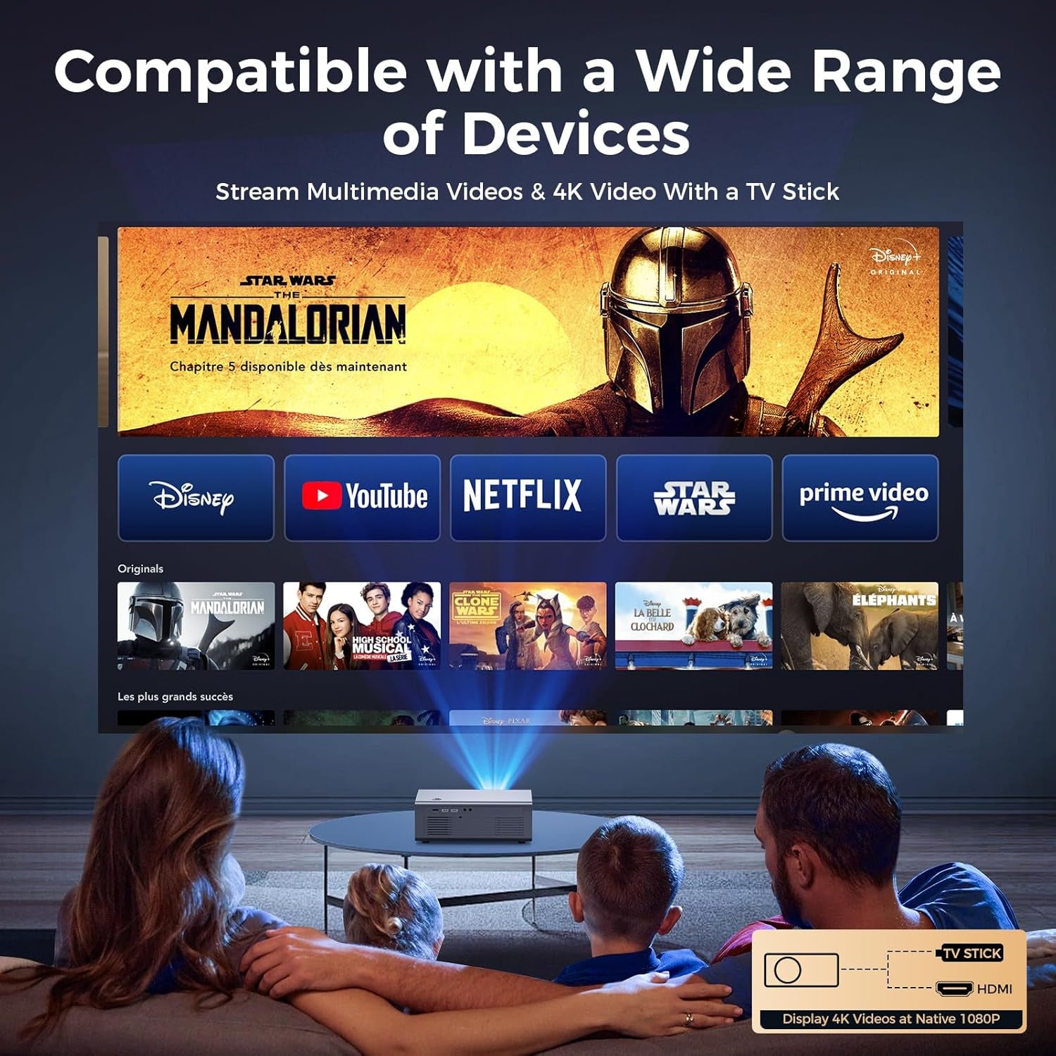 [Auto Focus/4K Support] Projector with Wifi 6 and Bluetooth 5.2, 850ANSI Native 1080P Outdoor Movie Projector,  Vertical Keystone Smart Projector 50% Zoom for Ios/Android/Tv Stick