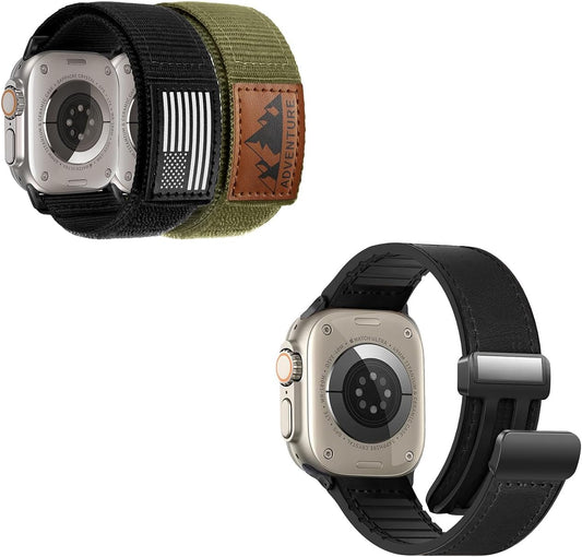 Magnetic Leather Bands Compatible and Rugged Nylon Band with Apple Watch Combination Set
