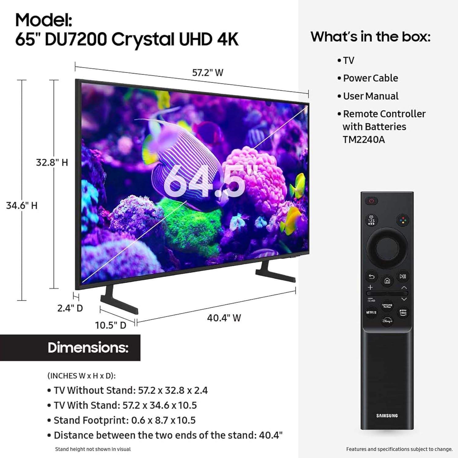 65-Inch Class Crystal UHD 4K DU7200 Series HDR Smart TV W/Object Tracking Sound Lite, Purcolor, Motion Xcelerator, Mega Contrast, Q-Symphony (UN65DU7200, 2024 Model)