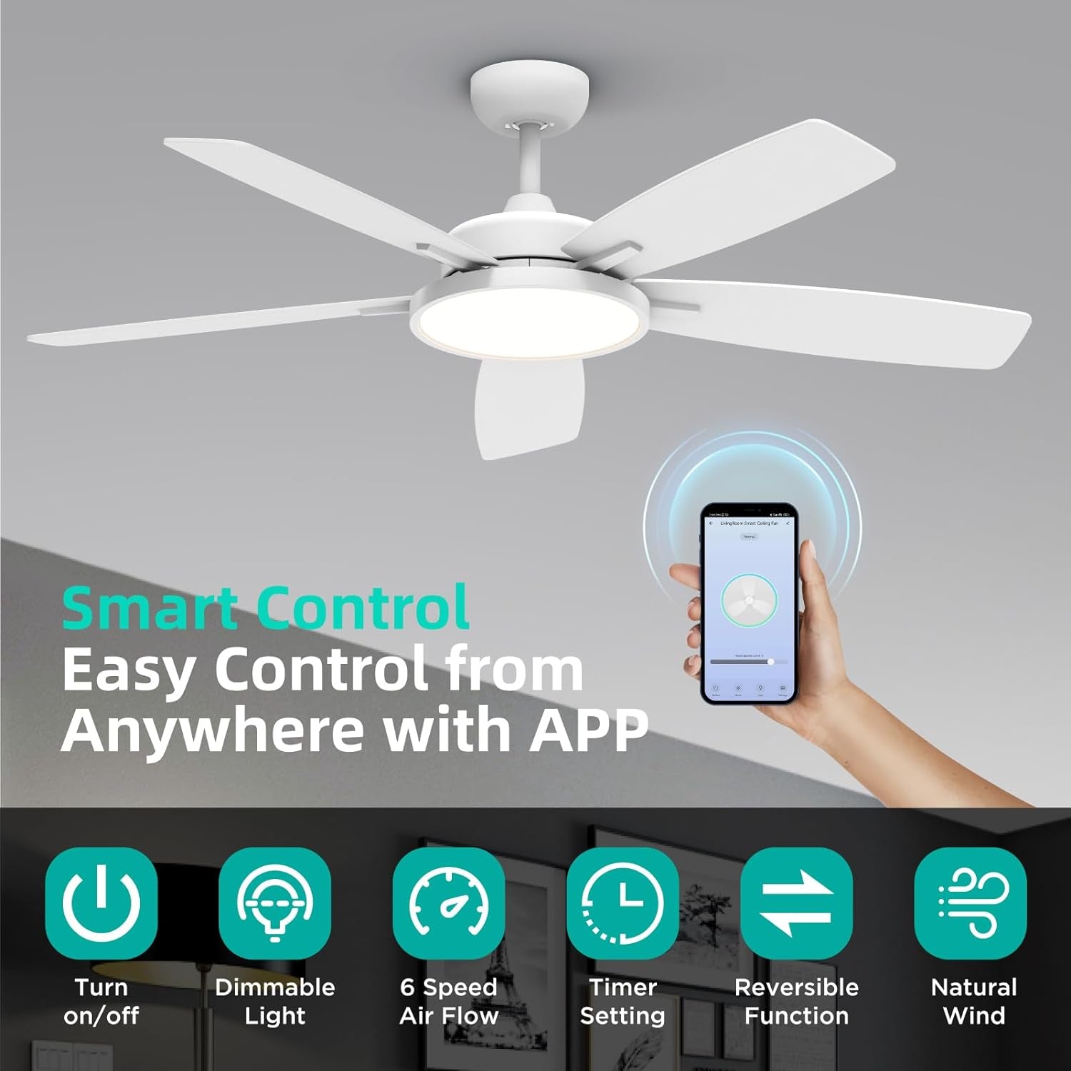 Ceiling Fans with Lights,Ultra Silent 52 Inch Smart Ceiling Fans with Dimmable LED Light Compatible with Google Home Alexa App Control(White