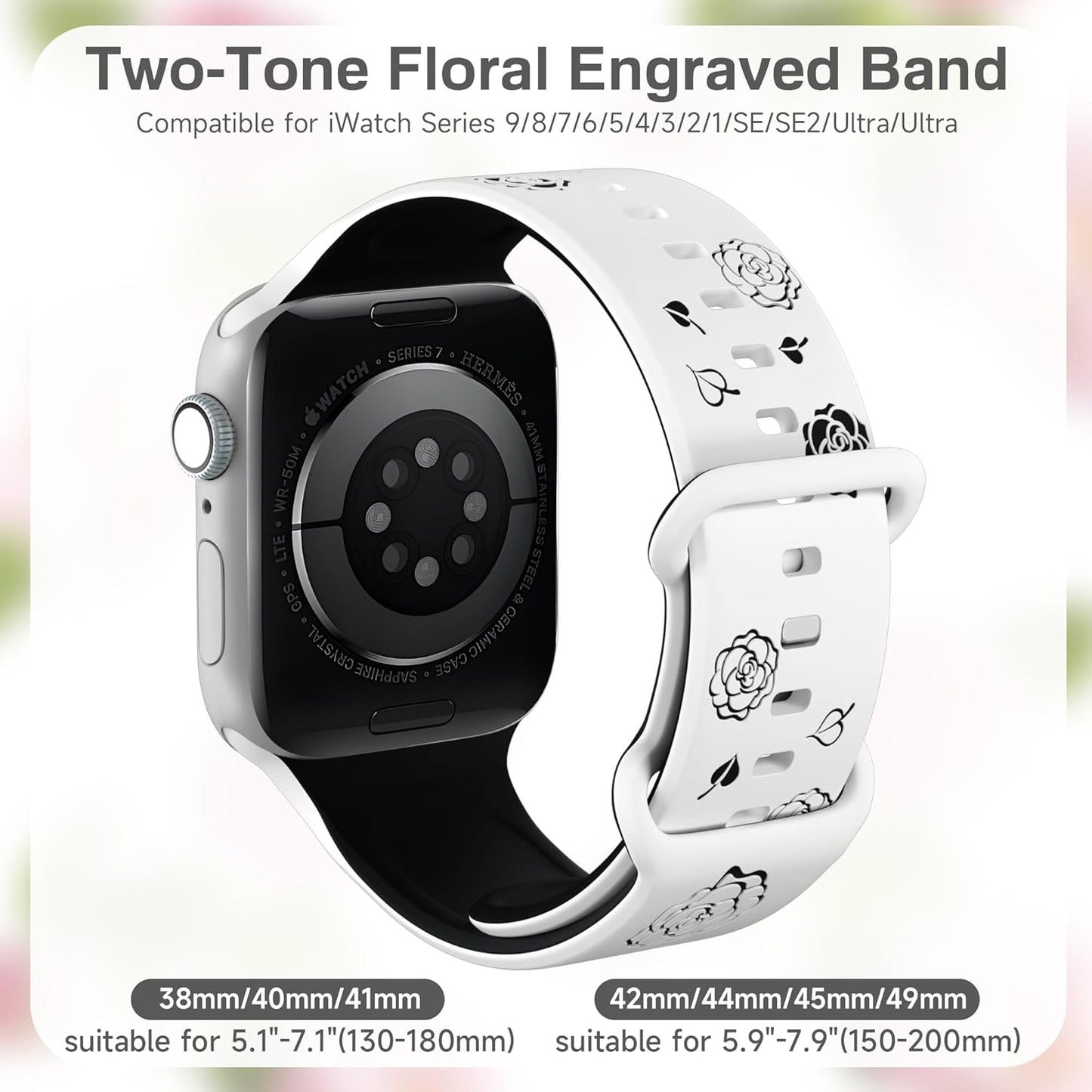 Floral Engraved Bands Compatible with Apple Watch 38Mm 40Mm 41Mm 42Mm 44Mm 45Mm 46Mm 49Mm Women,Two-Tone Flower Soft Silicone Sport Strap for Iwatch Ultra Series 10 9 8 7 6 5 4 3 2 1 SE