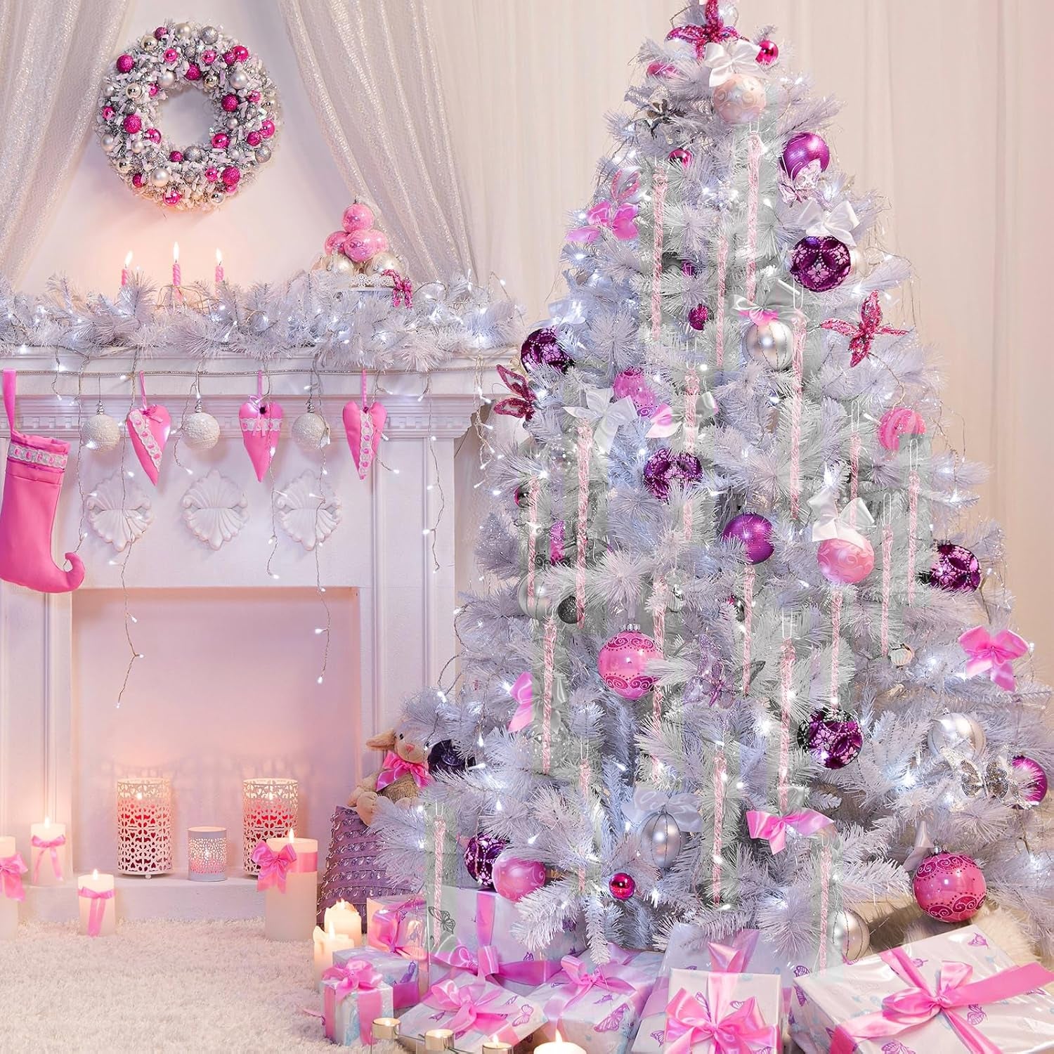 Glass Icicle 3.5-7.8 Inch Twisted Glass Icicle Christmas Ornaments Icicle Decorations Hanging (Pink,25 Pcs)