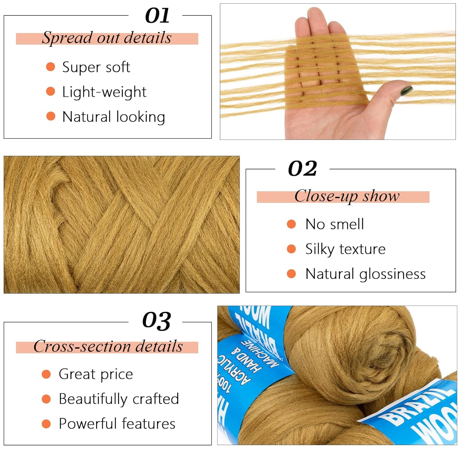 4 Pcs Blonde Brazilian Wool Hair for Braids Acrylic Hand Knitting Yarn for Hair Braiding Hair Extension Crochet Braid Senegalese Twisting Jumbo Braids Faux Locs Crochet Hair Extension(#27)