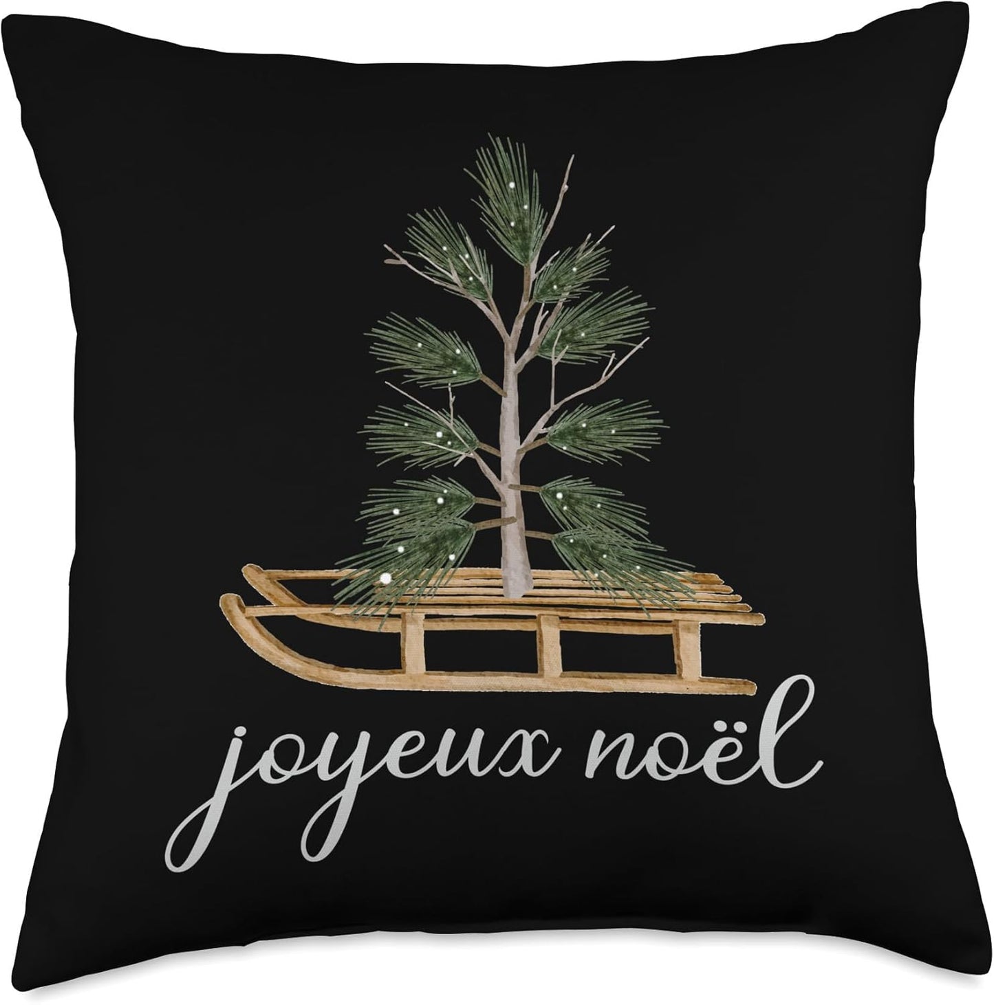Joyeux Noel French Merry Christmas Tree Sled Vintage White Throw Pillow