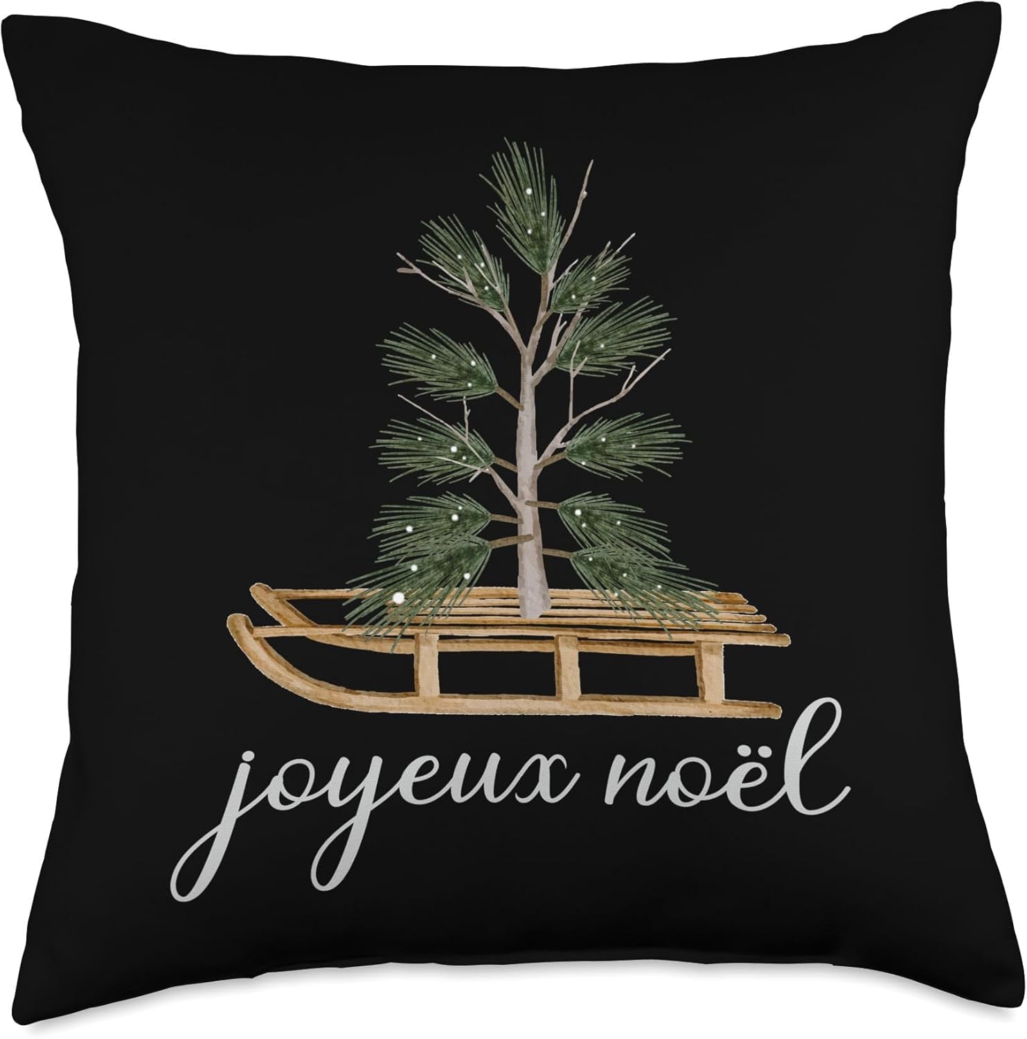 Joyeux Noel French Merry Christmas Tree Sled Vintage White Throw Pillow