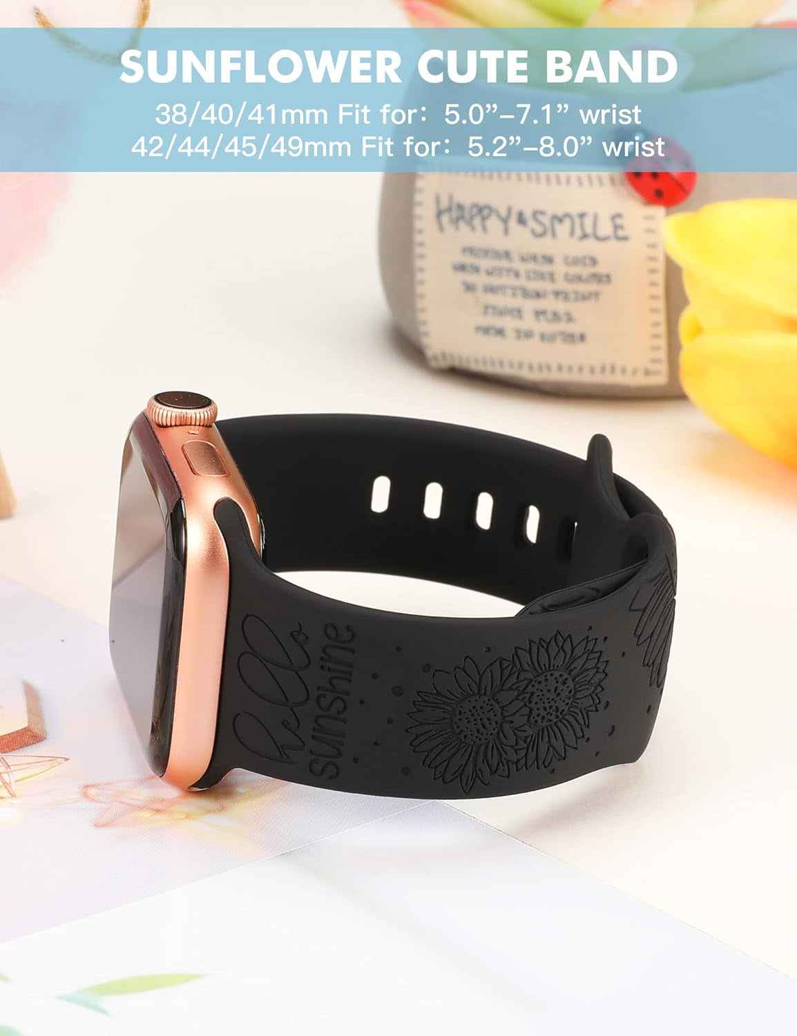 Sunflower Engraved Band Compatible with Apple Watch Bands 42Mm 41Mm 40Mm 38Mm Women, Floral Fancy Fashion Dressy Sport Silicone Flower Straps for Iwatch Series 10/9/SE/8/7/6/5/4/3/2/1