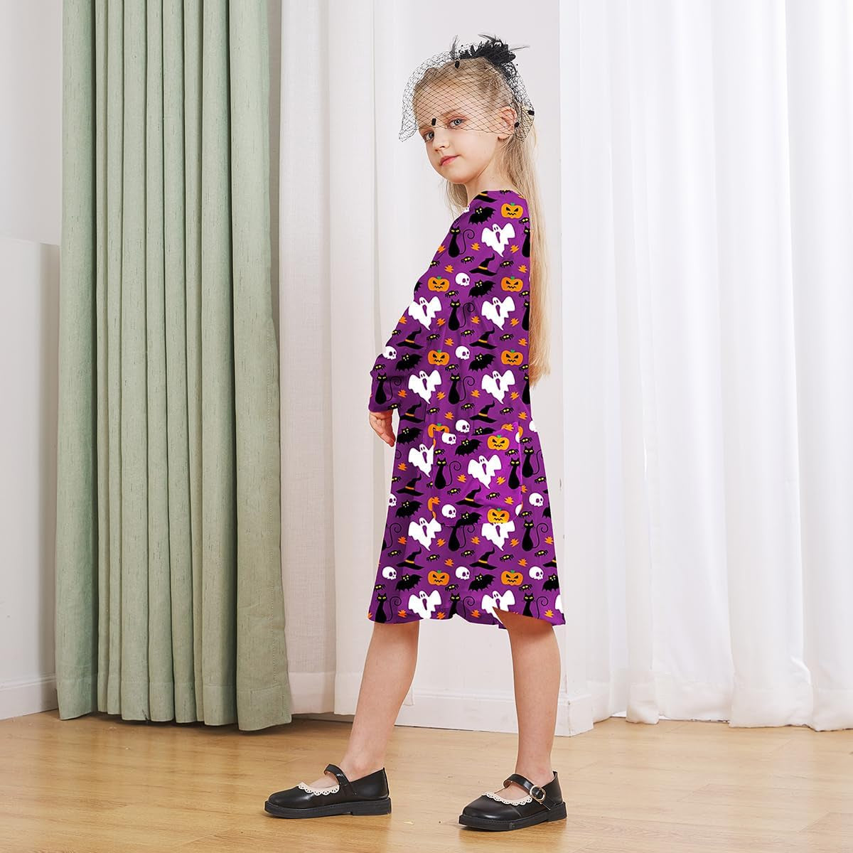 Girls Halloween Costumes Dresses for Kids Costume Dress Long Sleeve Printed Shirt Dresses with Pockets