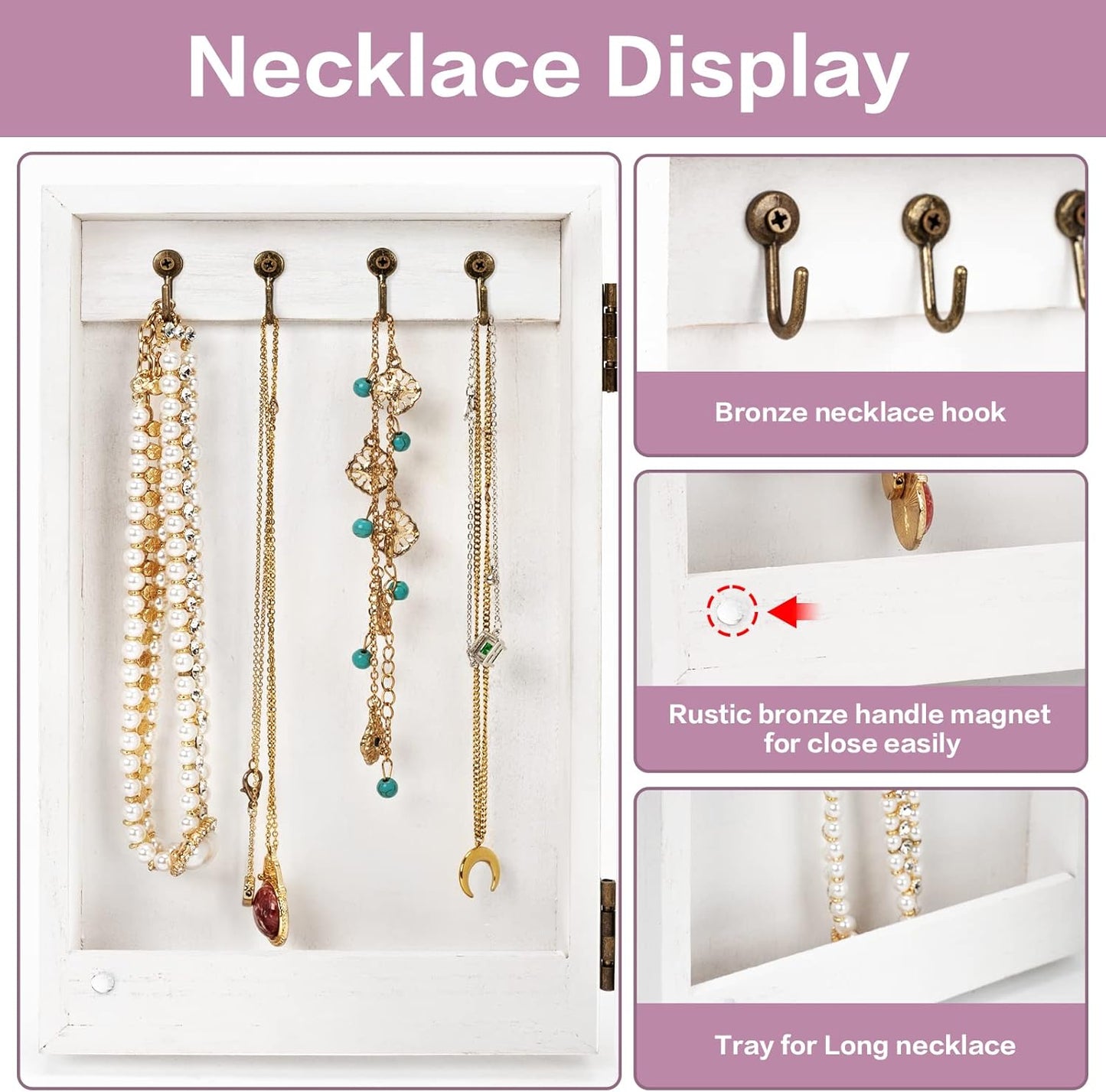 Jewelry Box Wood for Wowen, 5-Layer Large Organizer Box with Mirror & 4 Drawers for Rings, Earrings, Necklaces, White