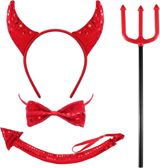 4 Pieces Sequin Devil Costume Halloween Devil Horn Headband Glittery Devil Tail Red Bowtie Devil Fork for Halloween Costume Accessories