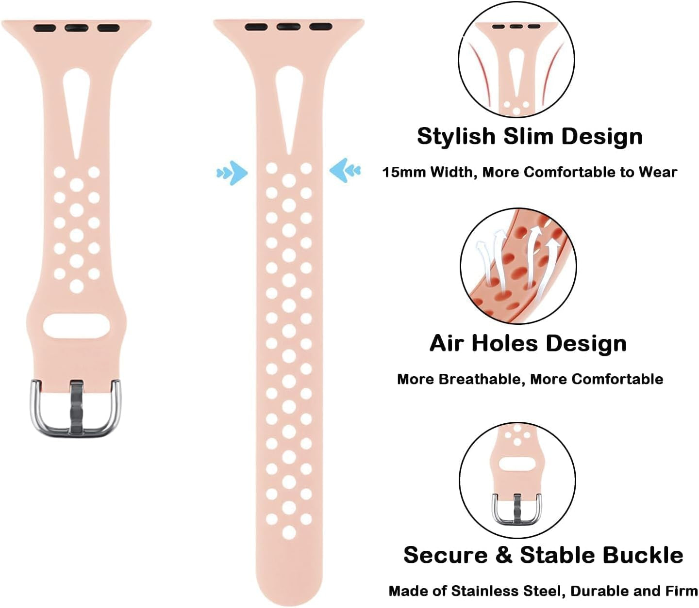 Slim Sport Band Compatible with Apple Watch Band Series 9 8 7 6 5 4 3 2 1/SE, 38/40/41Mm, Women and Men, Soft Silicone Breathable Wristband, Pink