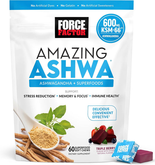 Amazing Ashwa for Stress Relief, Memory, Focus, and Immune Support Health, Ashwaganda Supplement with KSM-66 Ashwagandha for Stress, 60 Soft Chews TLBH