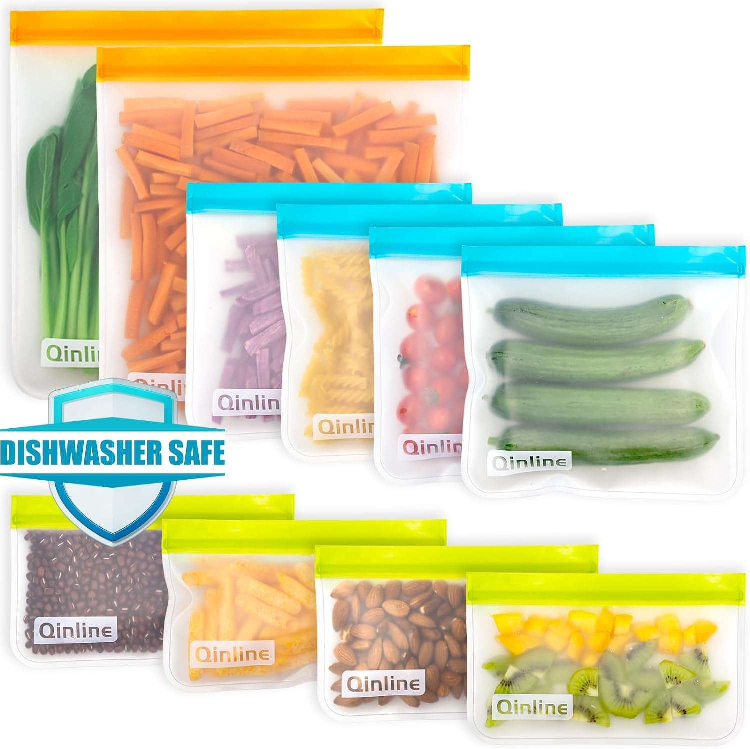 Reusable Food Storage Bags - 10 Pack Freezer Bags, BPA Free Reusable Bags Silicone, EXTRA THICK Leakproof Reusable Lunch Bag for Salad Fruit Travel - 2 Gallon 4 Sandwich 4 Snack Bags