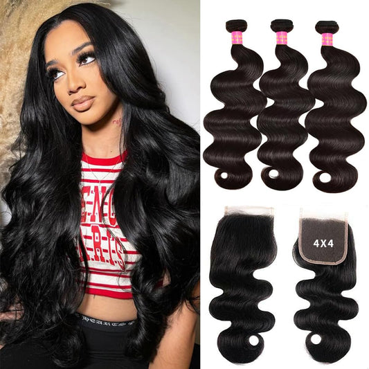 12A Human Hair Bundles 3 Bundles with Closure Body Wave Bundles Human Hair 100% Unprocessed Brazilian Virgin Hair Bundles Human Hair Extensions Quick Weave Bundles Human Hair Black 18 20 22+16