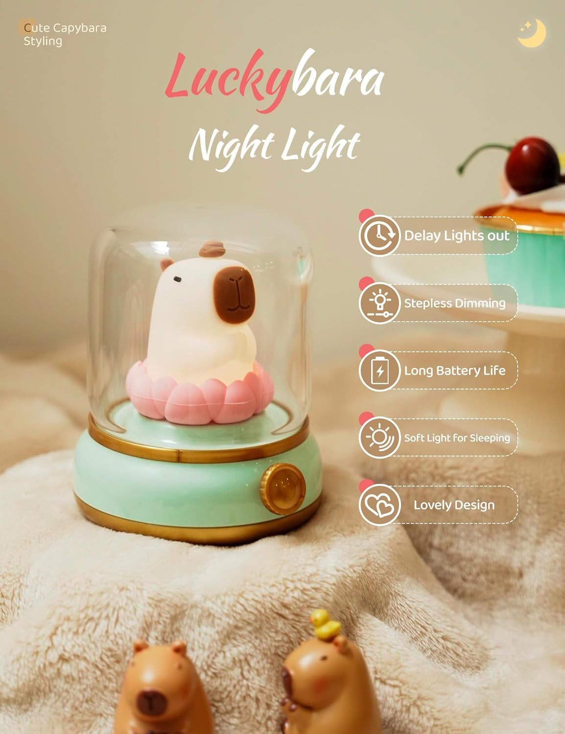 Lucky Capybara Night Light,Lotus Lamp, Cute Lamp and Cozy Lighting,Rotate to Adjust Brightness,Rechargeable Night Light for Kids, Cute Stuff Gifts for Children,Lucky Capybara Bring Good Luck