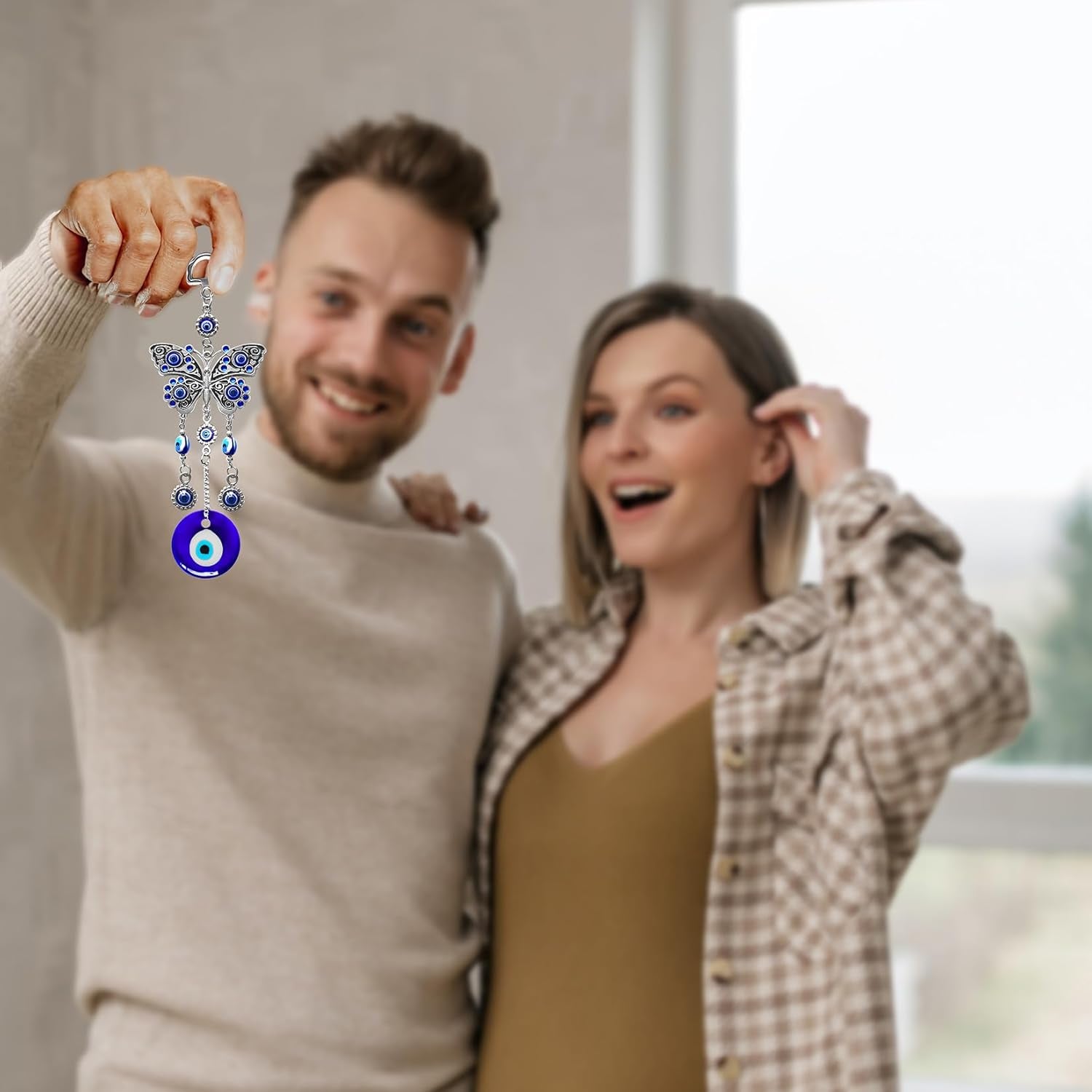 Blue Evil Eye Hanging Decoration Nazar Amulet Wall Hanging Home Protection and Blessing Decor (Butterfly-A)