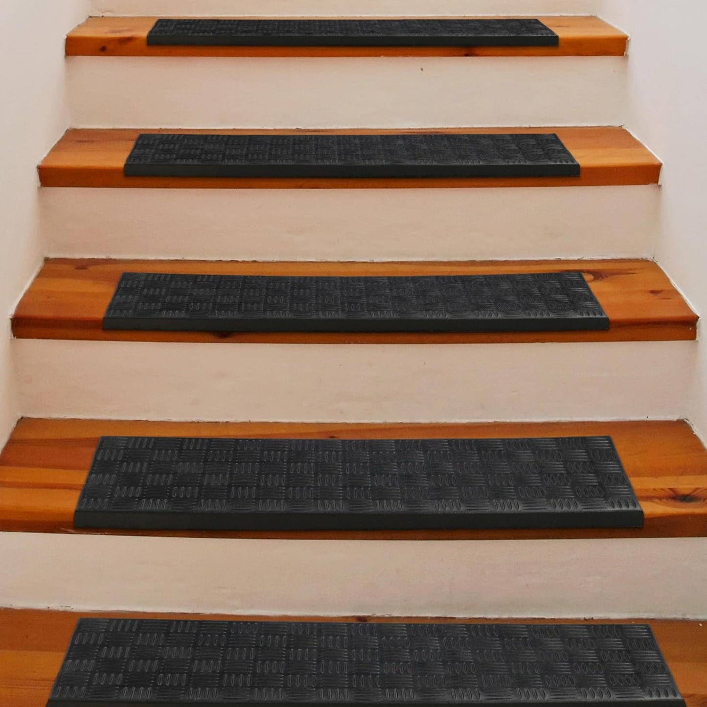 Indoor/Outdoor Hose-Wash Square Edge Design Non-Slip Rubber 10" X 30" Modern Stair Treads for Stairs, Garage, Patio, 5 Pack, Ridged Black