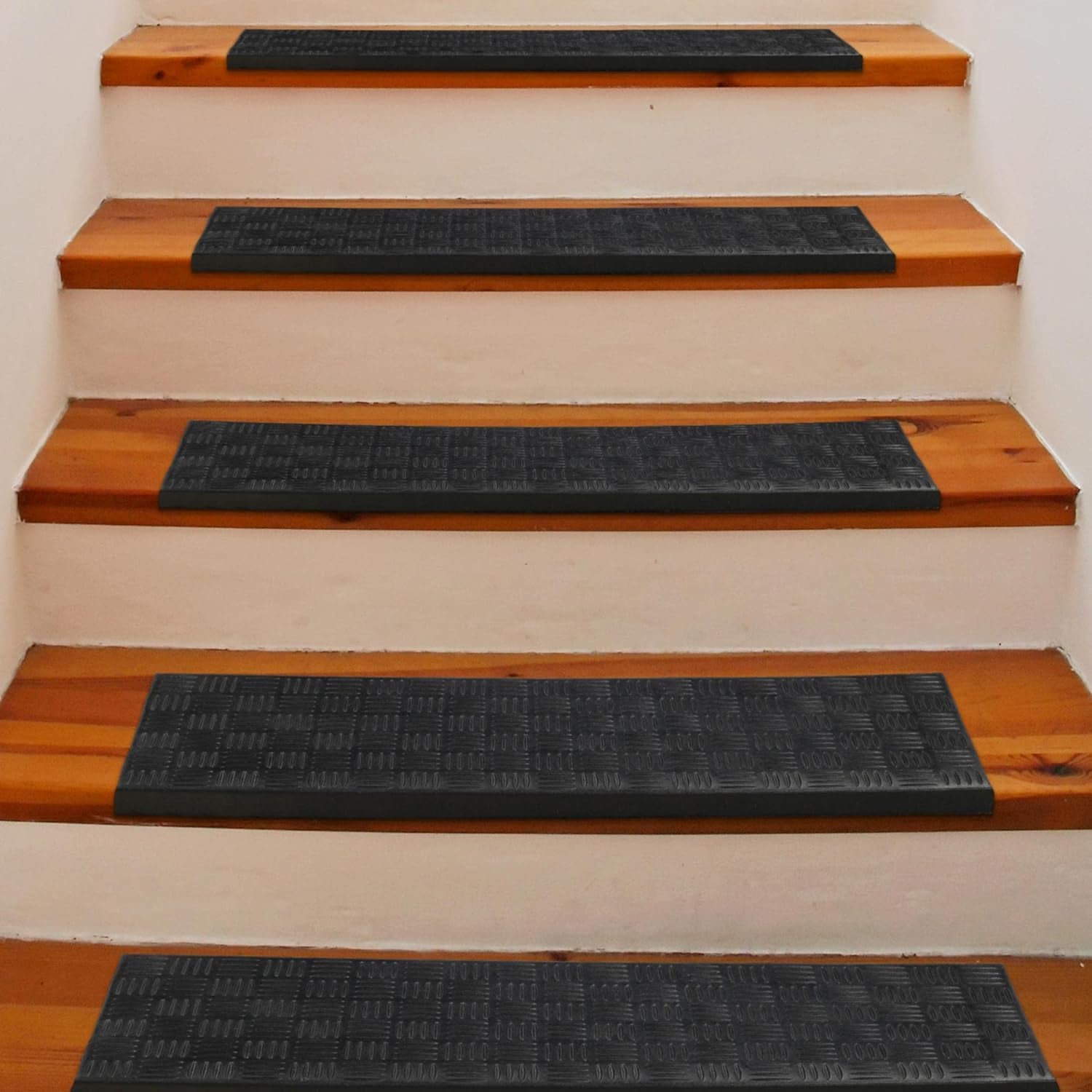 Indoor/Outdoor Hose-Wash Square Edge Design Non-Slip Rubber 10" X 30" Modern Stair Treads for Stairs, Garage, Patio, 5 Pack, Ridged Black