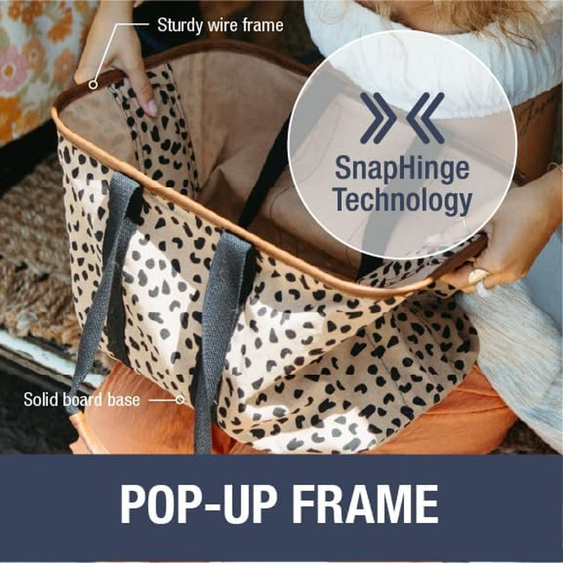 Collapsible LUXE Tote, Geometric Taupe - 30L (8 Gal) Structured Tote Bag with Handles and Reinforced Bottom - Reusable Grocery Bag, Shopping Bag, Utility Tote Bag