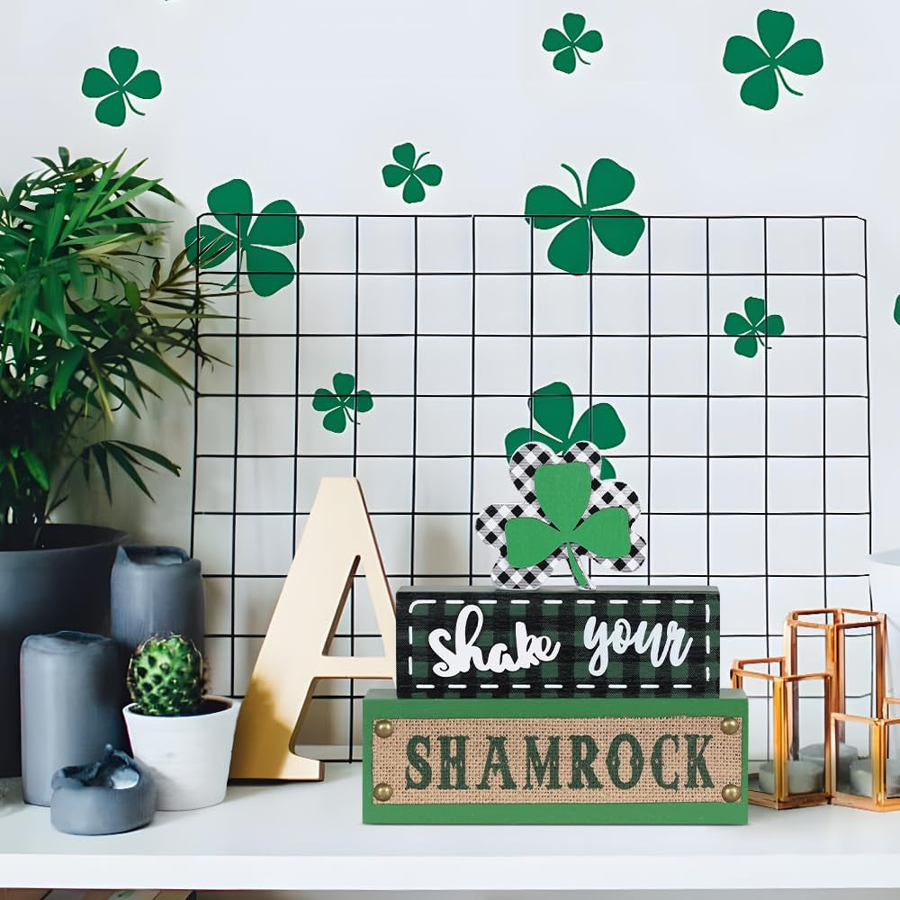 St Patricks Day Decorations,  3-Layered Shamrock Wood Block St Patricks Day Decor, Shamrock Ornaments Shake Your SHAMROCK Sign Saint Patricks Day Decorations for the Home, Table, Mantel
