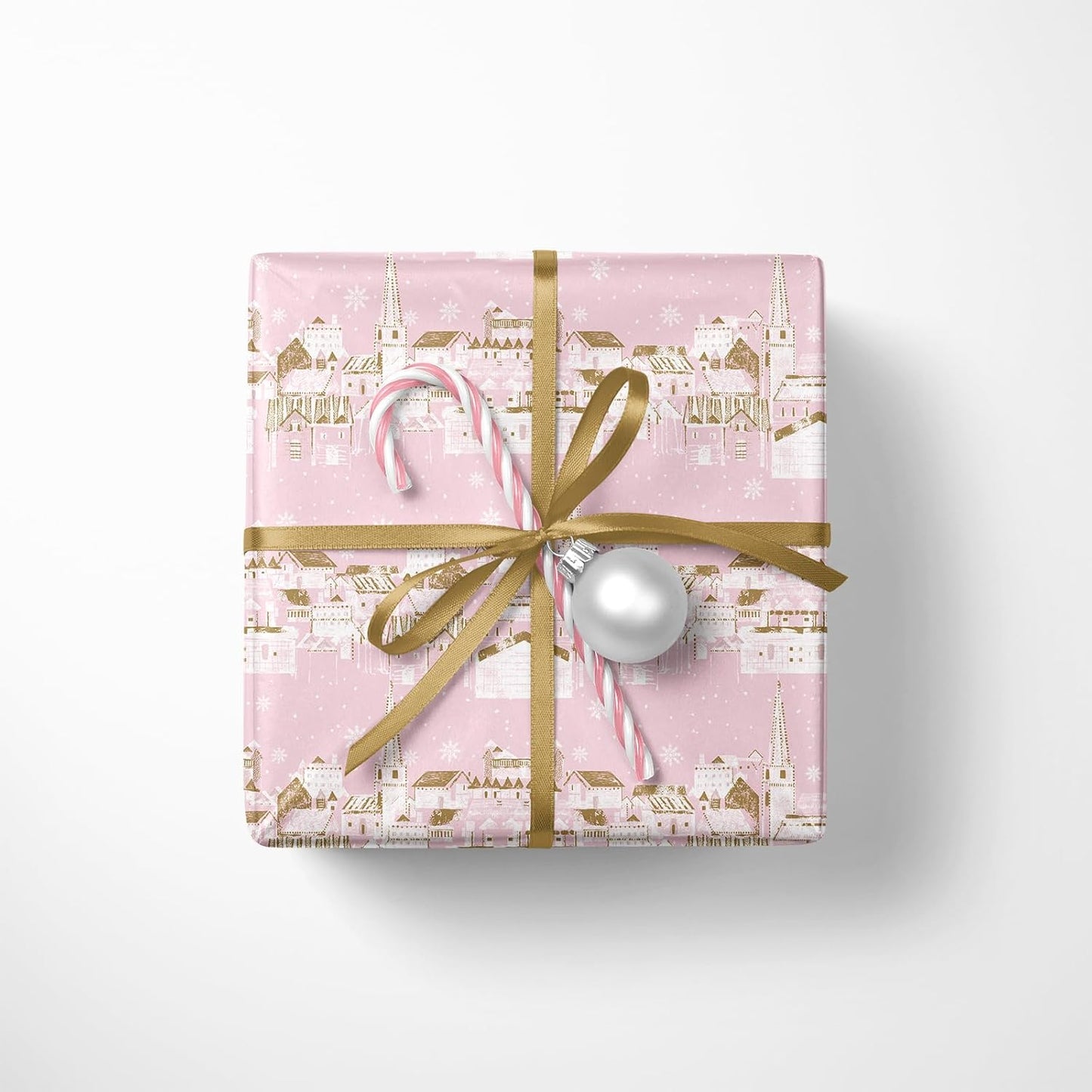Christmas Wrapping Paper Roll - Pink & Golden City Snow Scenery for Christmas Holiday, Party - 17 Inches X 32.8 Feet (46.45 Sq.Ft.)