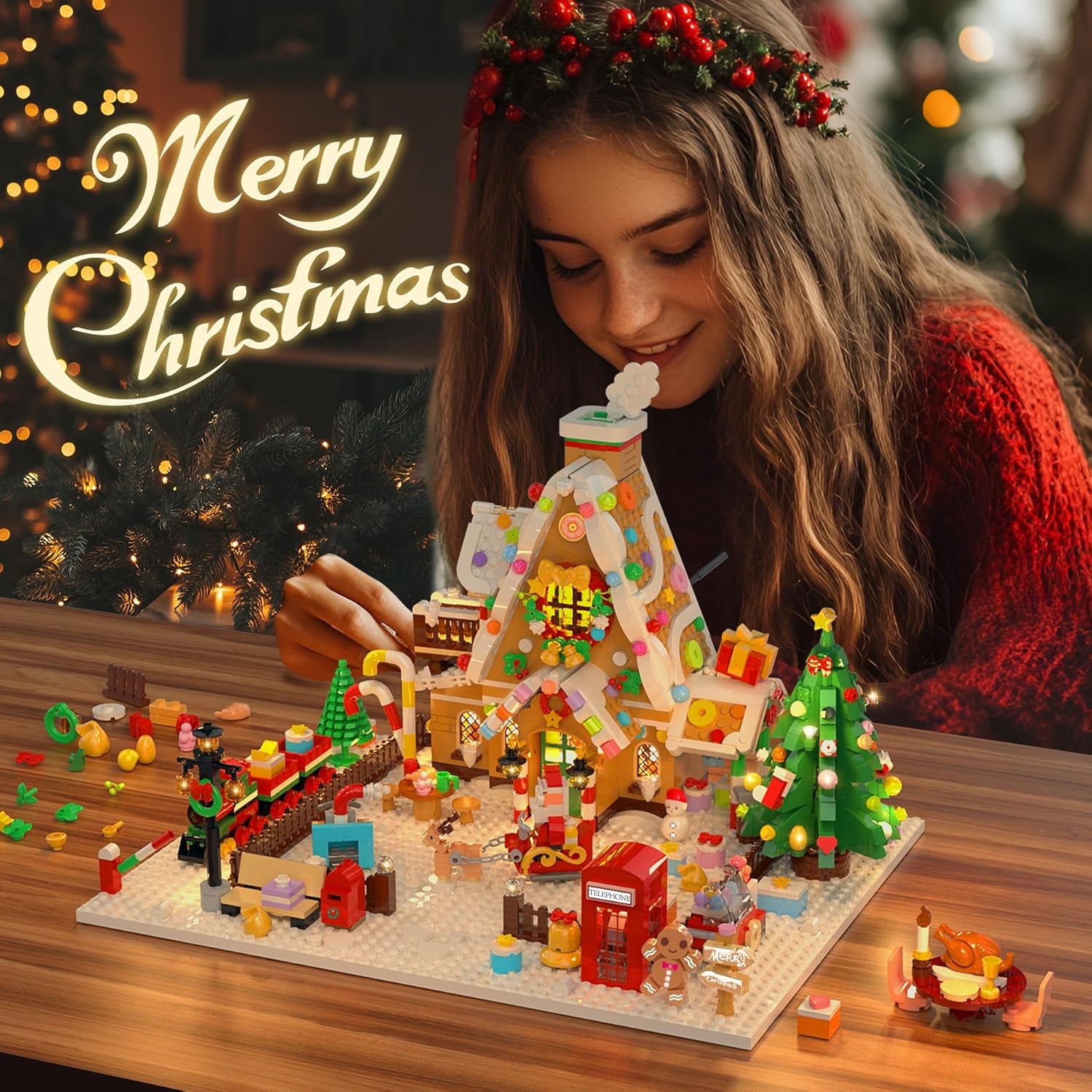 Christmas Gingerbread House Mini Building Set with LED Light, 1763 PCS Christmas Courtyard Building Block Toy with Santa Claus Xmas Tree Train Home Decor, Gift for Adult Kids Girls Boys 10+