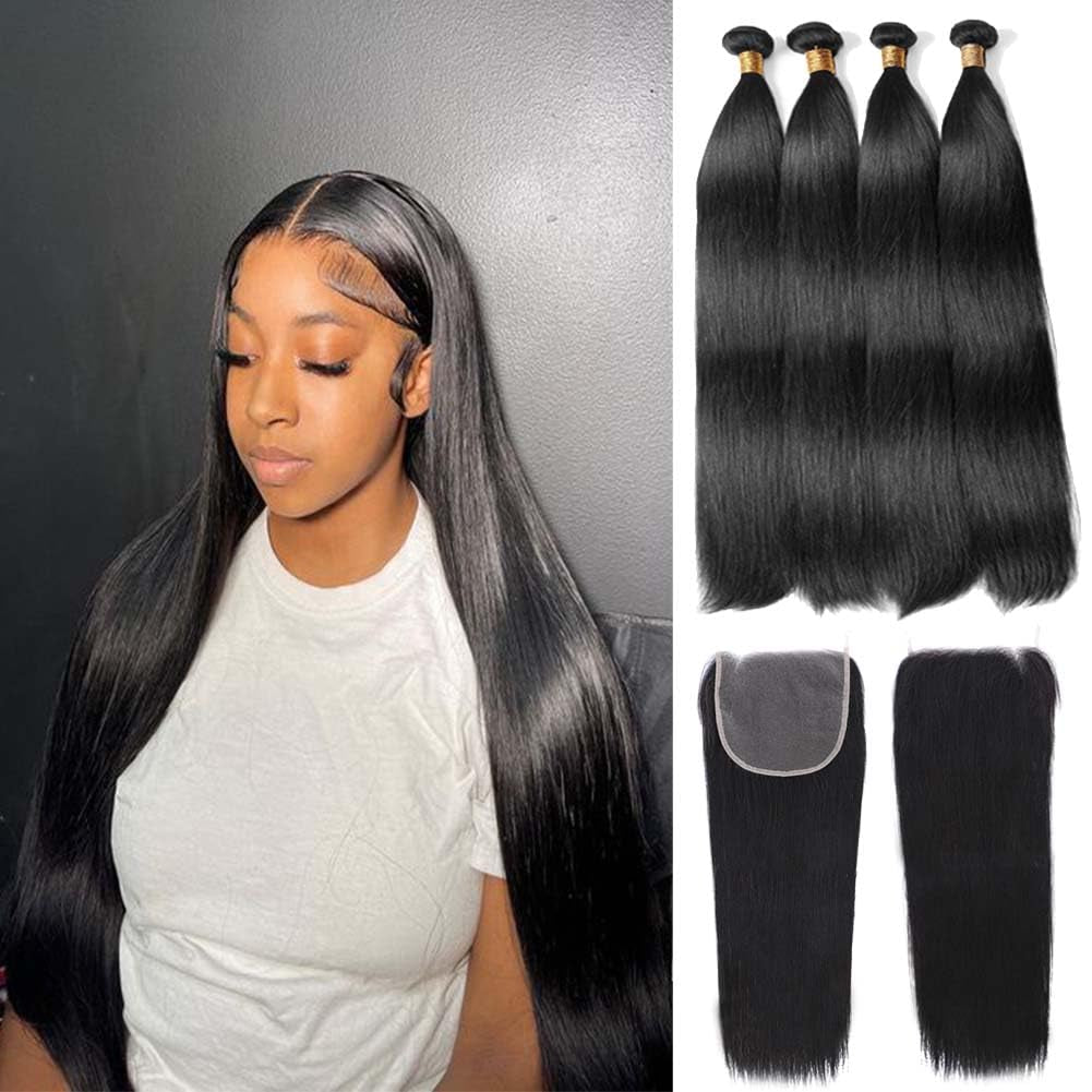 Straight Bundles with Closure Human Hair (14 16 18 20 + 12) 4 Bundles Deals with 4X4 Lace Closure Free Part 12A Brazilian Weave Bundles Human Hair Raw Remy Double Machin Weft Hair Extensions