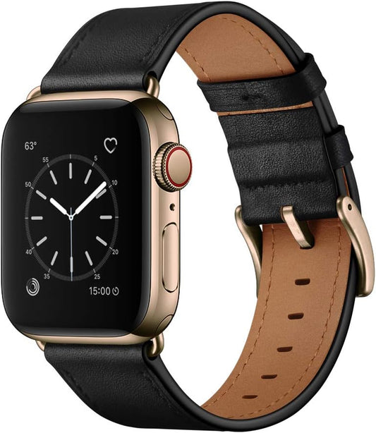 Compatible with Apple Watch Band 41Mm 40Mm 38Mm, Genuine Leather Band Replacement Strap Compatible with Apple Watch Series 9/8/7/6/5/4/3/2/1/SE2/SE, Black Band with Bronze Gold Adapter