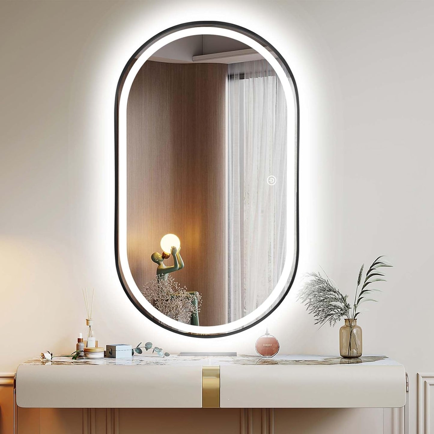 Oval LED Bathroom Mirror, 33"X20" Lighted Wall Mounted Vanity Mirror with Metal Frame, Anti-Fog IP66 Waterproof Smart Mirror, Memory Function, (Horizontal or Vertical), Gold