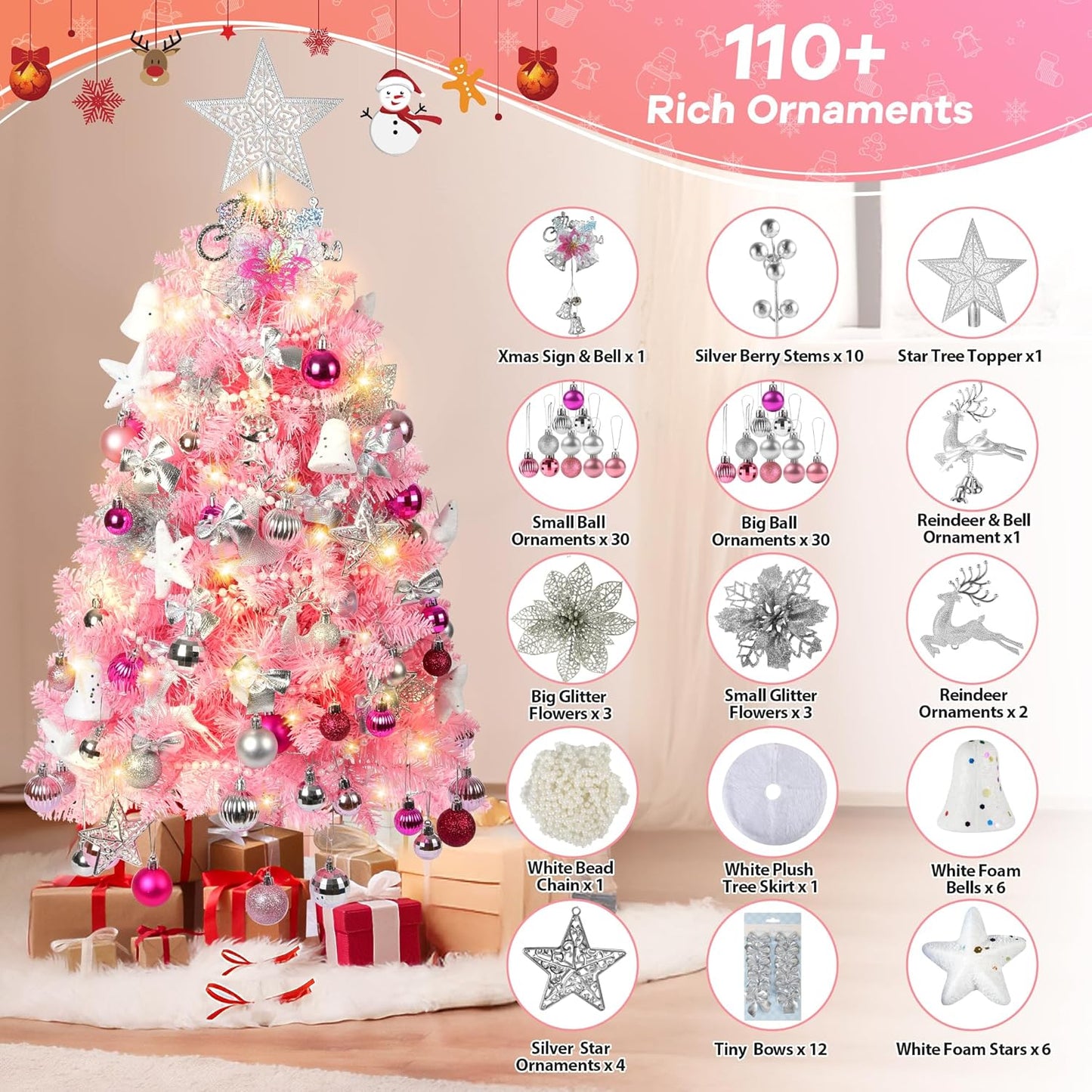 3FT Mini Pink Christmas Tree, Small Christmas Tree with Lights, Prelit Tabletop Christmas Tree with 200 Branch Tips and 110+ DIY Ornaments, Christmas Decorations Indoor and Gifts for Men Women