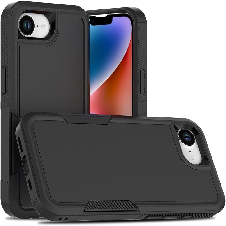 Iphone 16E Case: Dual Layer Protective Heavy Duty Cell Phone Cover Shockproof Rugged with HD Screen Protector - Military Protection Bumper Tough - Apple Iphone 16E / SE 2025 / SE4, Black