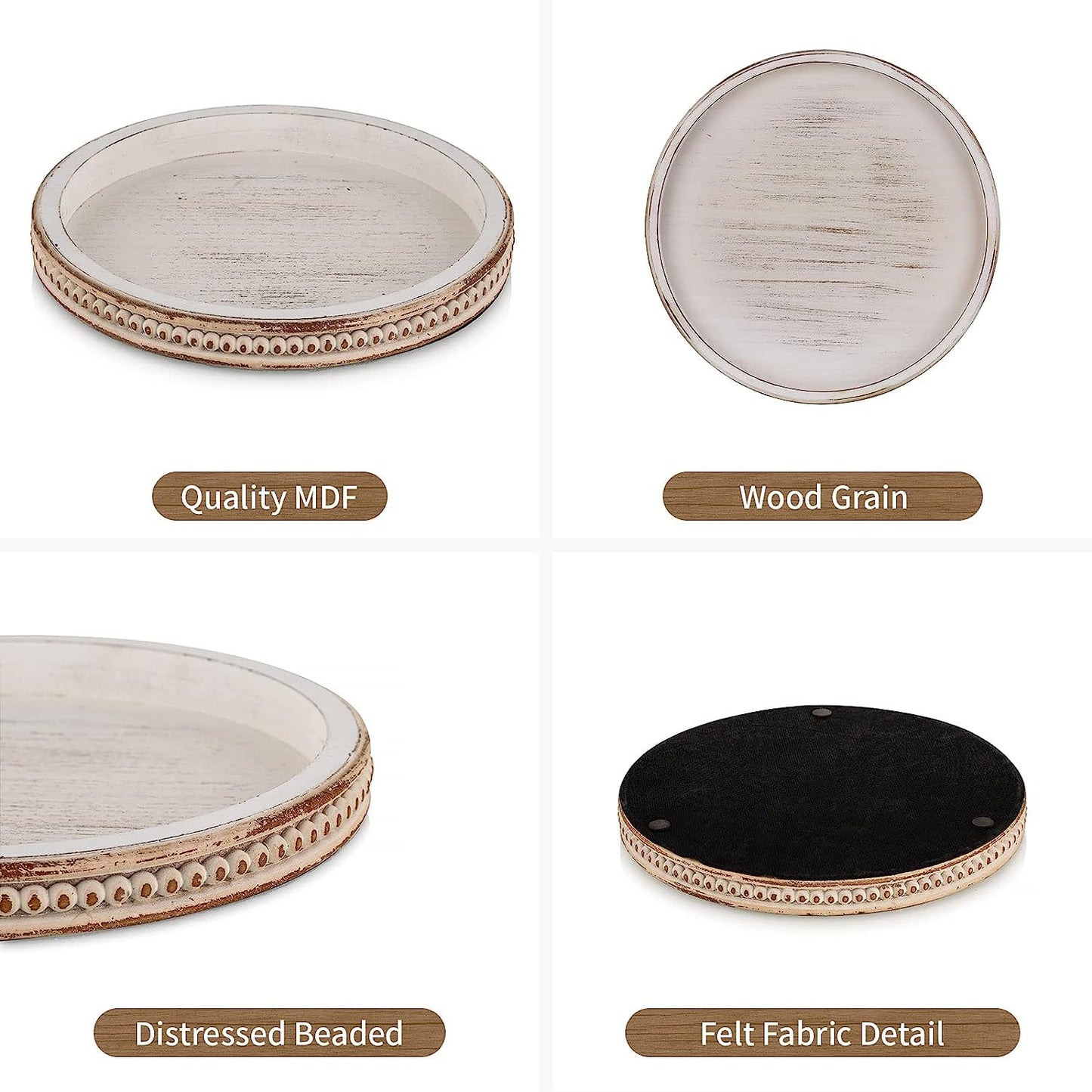 Decorative Serving Tray Wood: White Washed Bead round Tray Decor for Coffee Table Rustic Wooden Trays Farmhouse Centerpiece for Living Room Kitchen Counter