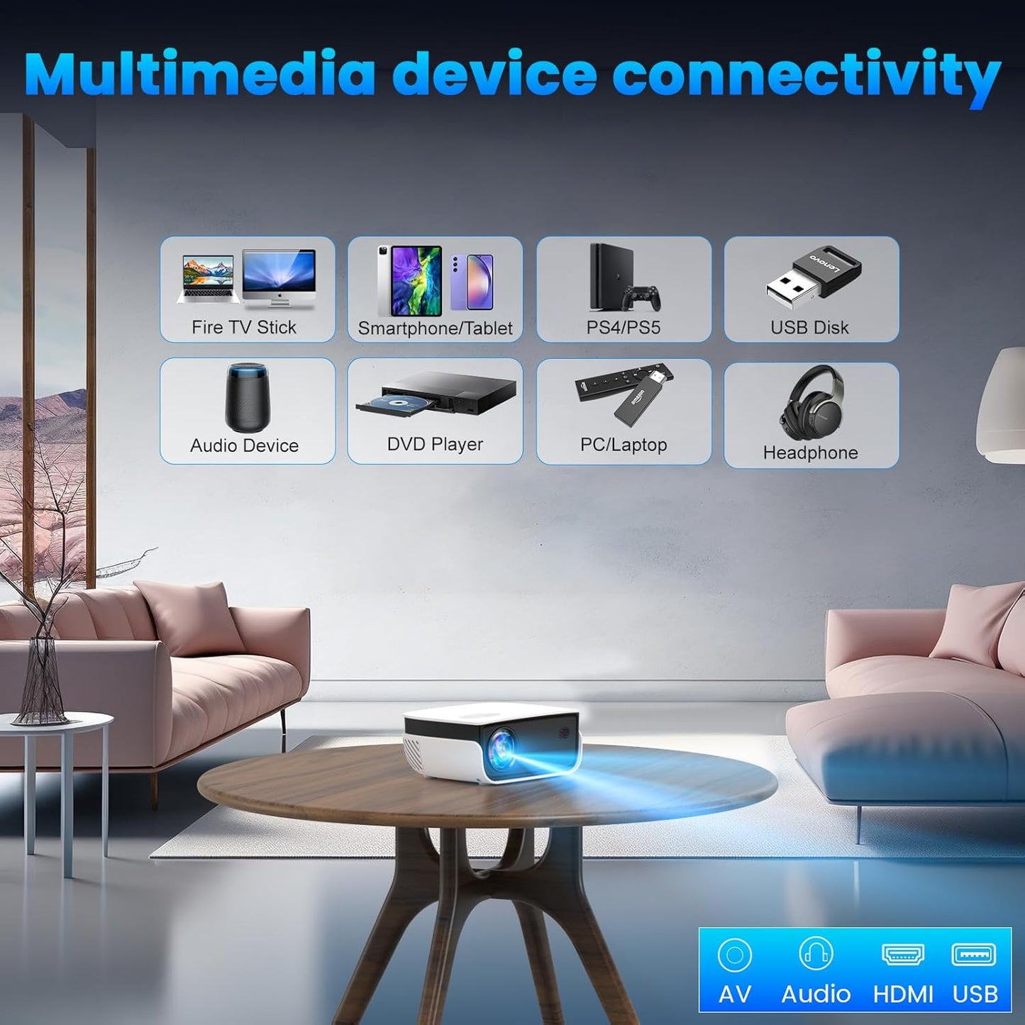 Outdoor Projector, Mini Projector for Home Theater, 1080P and 240" Supported Movie Projector 7500 L Portable Home Video Projector Compatible with Smartphone/Tv Stick/Ps4/Pc/Laptop