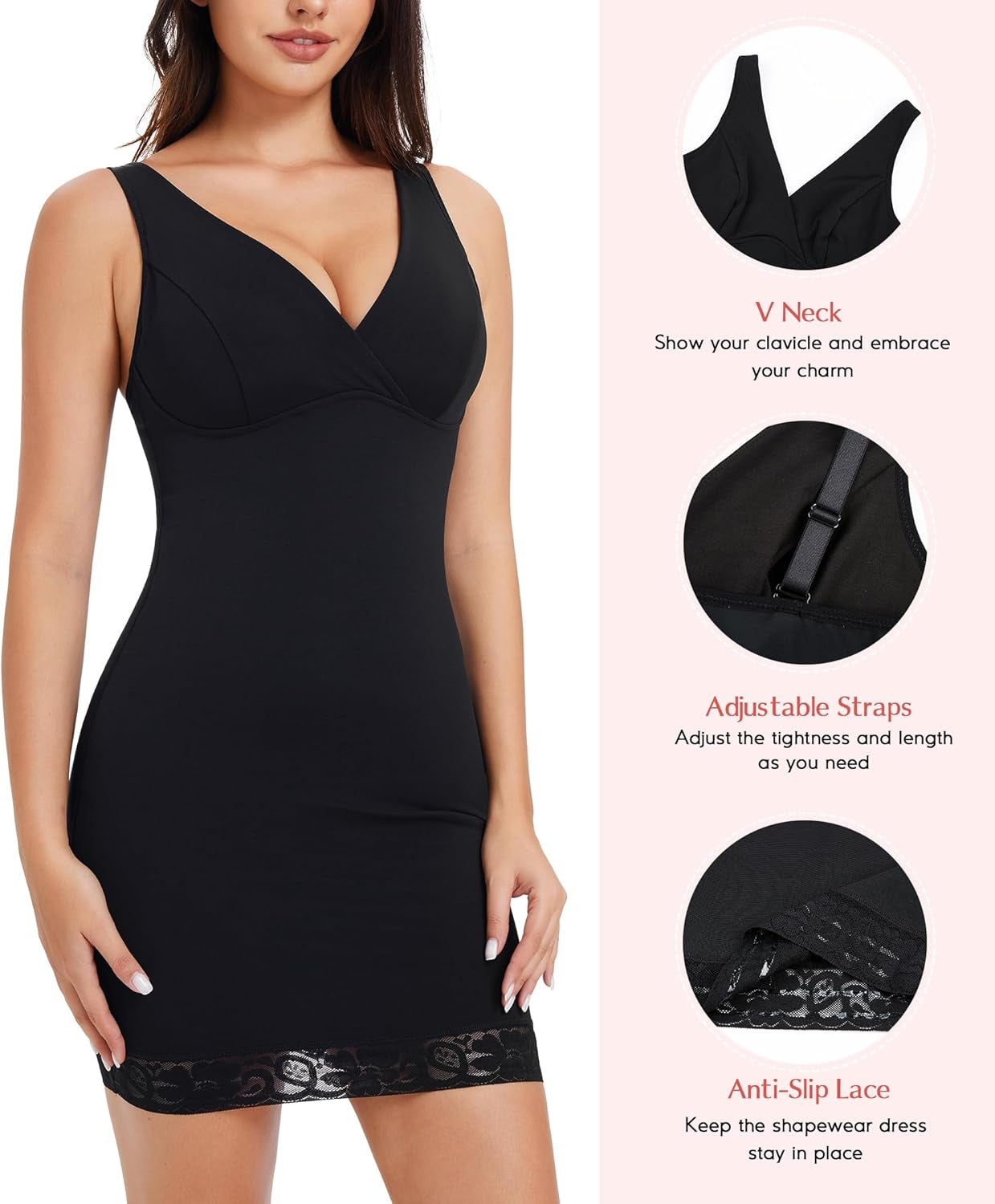Body Shaper Dress for Women Shapewear Tummy Control Full Slip under Dress V Neck Spaghetti Straps Lingerie