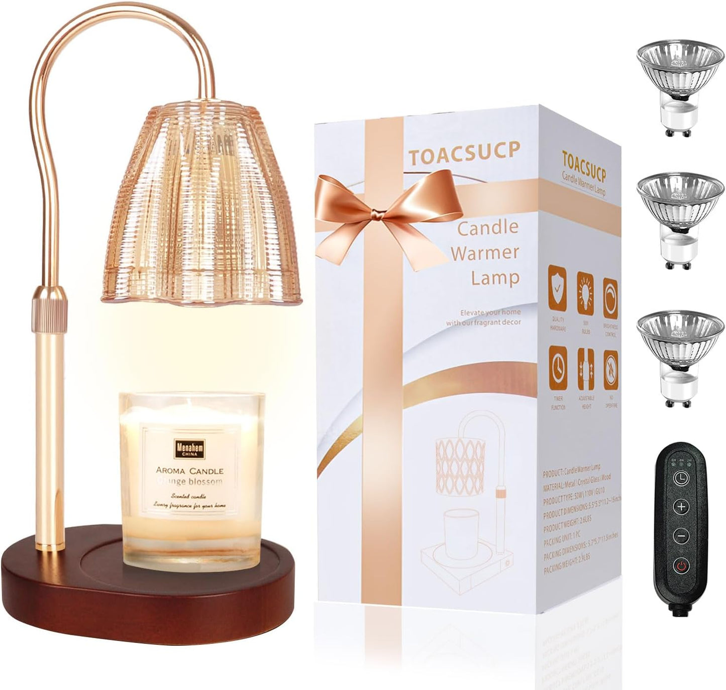 Candle Warmer Lamp with 3 Bulbs, Adjustable Height Dimmable Candle Warmer with Timer, Compatible with Large Jar Candles, Candle Lamp with Charming Gift Box Ribbon for Her/Him(Natural Wood)