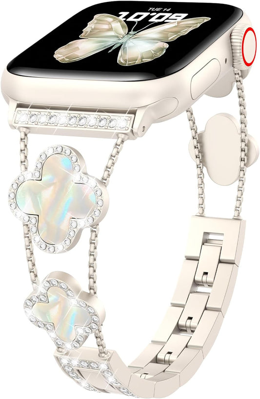 Bling Womens Band Compatible with Apple Watch Band 40Mm 41Mm 38Mm Series 9 8 7 6 5 4 3 2 1 SE, Sparkle Diamond Replacement Bracelet Wristband, Cute Lucky Clover Dressy Iwatch Band,Starlight/White