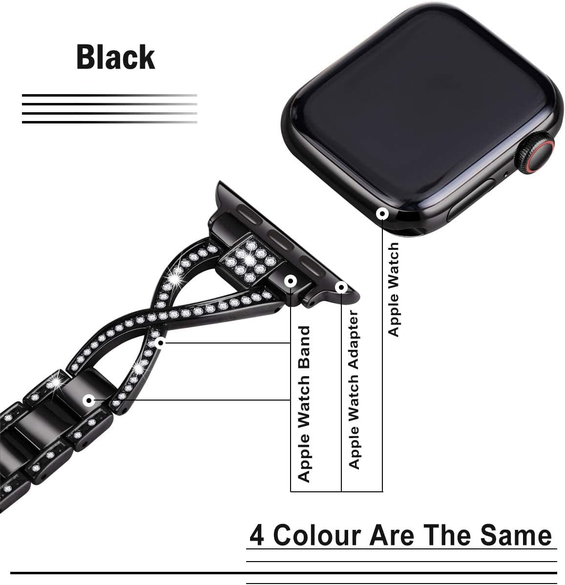 For Apple Watch Band 38Mm 40Mm 41Mm Women Series 9 8 7 6 5 4 SE Iwatch Bands Bling Metal Bracelet Dressy Fancy Cute Strap Black