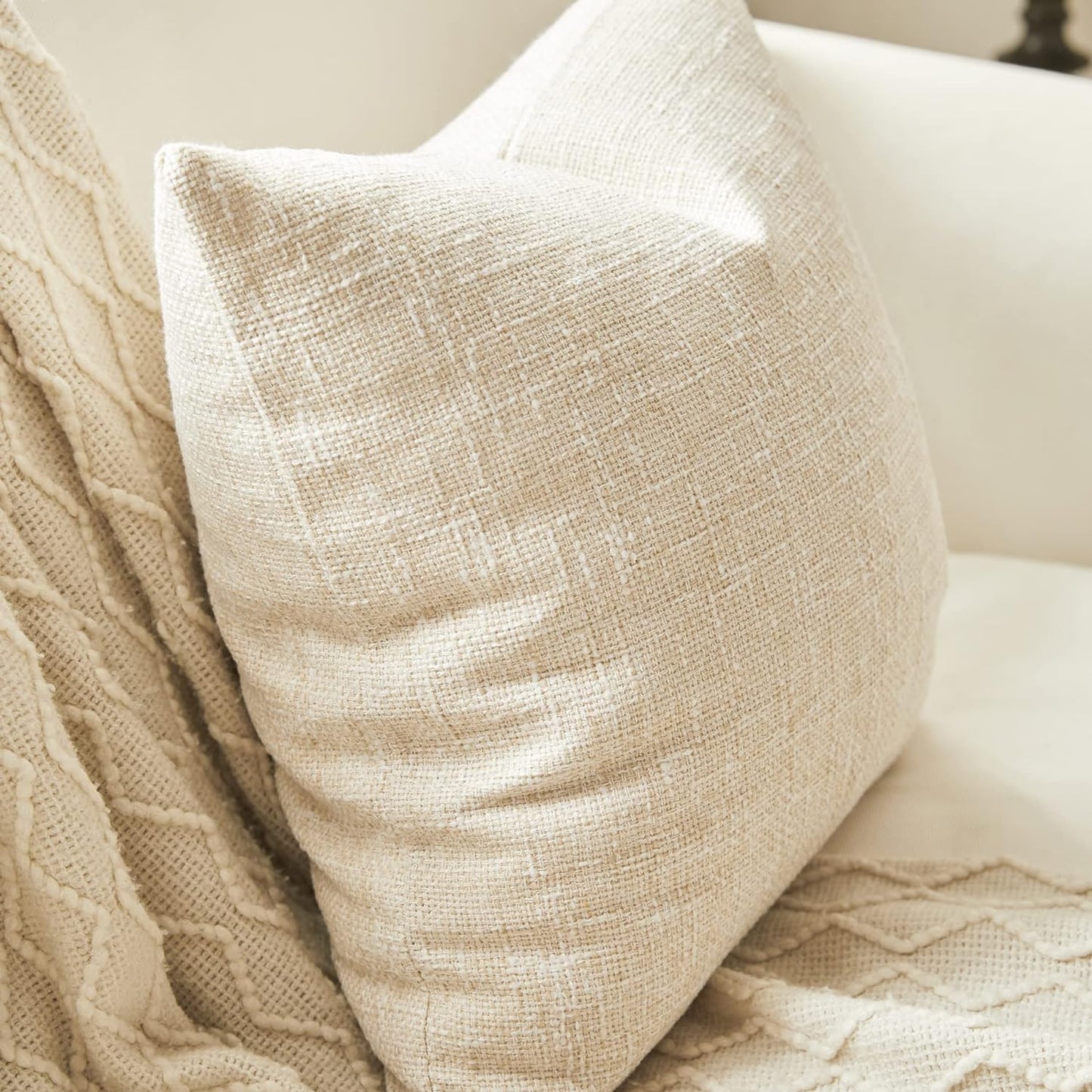 Set of 2 Beige Pillow Covers 18X18 Inch Rustic Linen Square Decorative Throw Pillow Covers for Sofa Couch Farmhouse Home Decorations