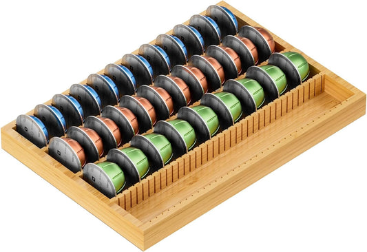 Bamboo Coffee Pod Storage Holder Drawer Insert for Counter Compatible Nespresso Vertuo Vertuoline Capsules for Kitchen, Home, Office, Coffee Station