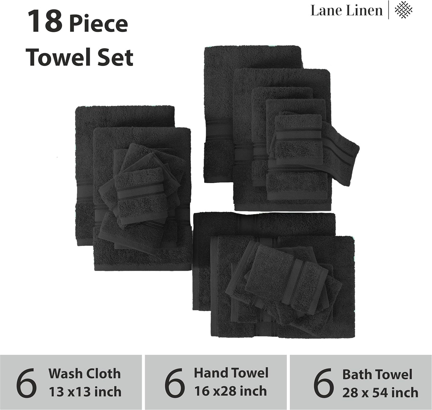 Luxury Bath Towels Set- 100% Cotton Bathroom Towels, Zero Twist, Quick Dry Shower Towel, Extra Aborbent Bath Towel, Super Soft, 6 Bath Towels, 6 Hand Towels, 6 Wash Cloths - Black (18 PC)