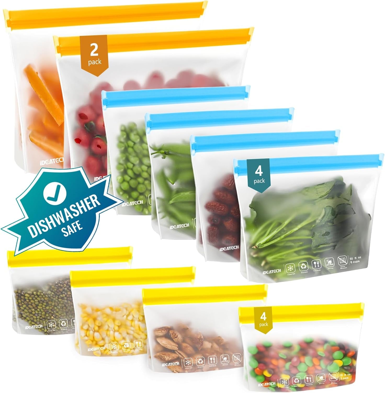 20Pack Dishwasher Safe Reusable Bags, Leakproof Reusable Freezer Bags, BPA Free Reusable Food Storage Bags Sandwich Bags Snack Bags for Lunch Travel(8 Gallon 6 Quart 6 Snack,Colored)