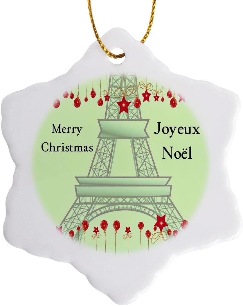 ORN_57236_1 Joyeux Noel Merry Christmas in French Eiffel Tower Snowflake Porcelain Ornament, 3-Inch