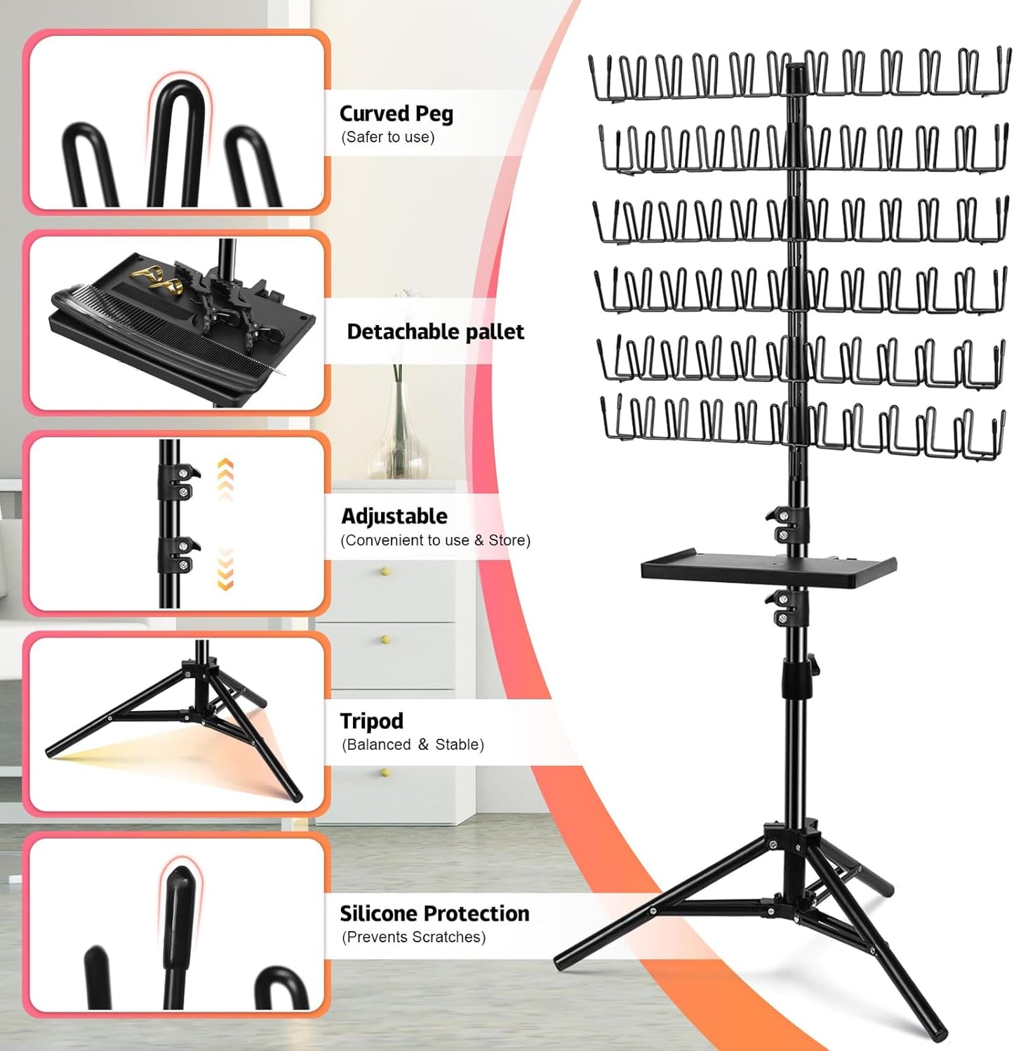 Braiding Hair Rack, with Salon Tray and Hair Braiding Kit, Portable Height Adjustable Hair Braiding Rack, Hair Racks for Braiders Standing -140 Pegs (Black)