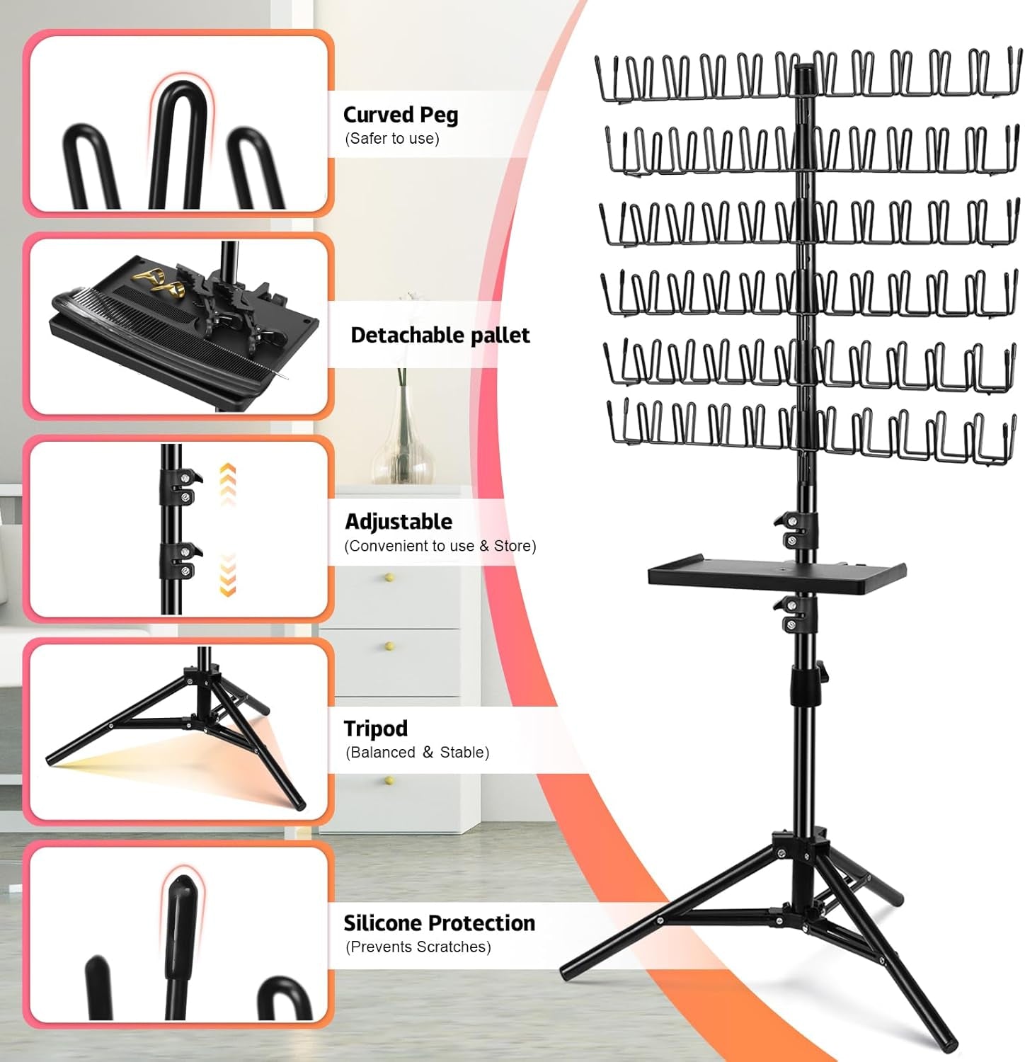 Braiding Hair Rack, with Salon Tray and Hair Braiding Kit, Portable Height Adjustable Hair Braiding Rack, Hair Racks for Braiders Standing -140 Pegs (Black)