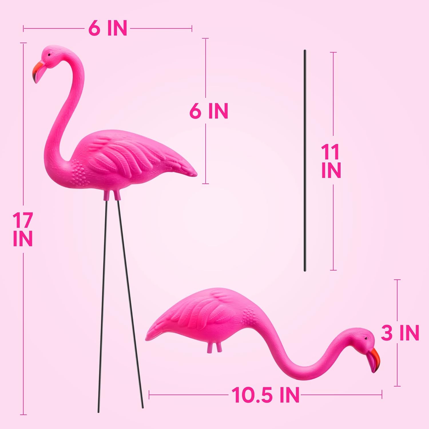 Set of 6 Small Pink Flamingo Yard Ornament Stakes, Mini Lawn Plastic Flamingo Statue with Metal Legs for Sidewalks, Outdoor Garden, Luau Party, Tropical Party Decor, 2 Styles