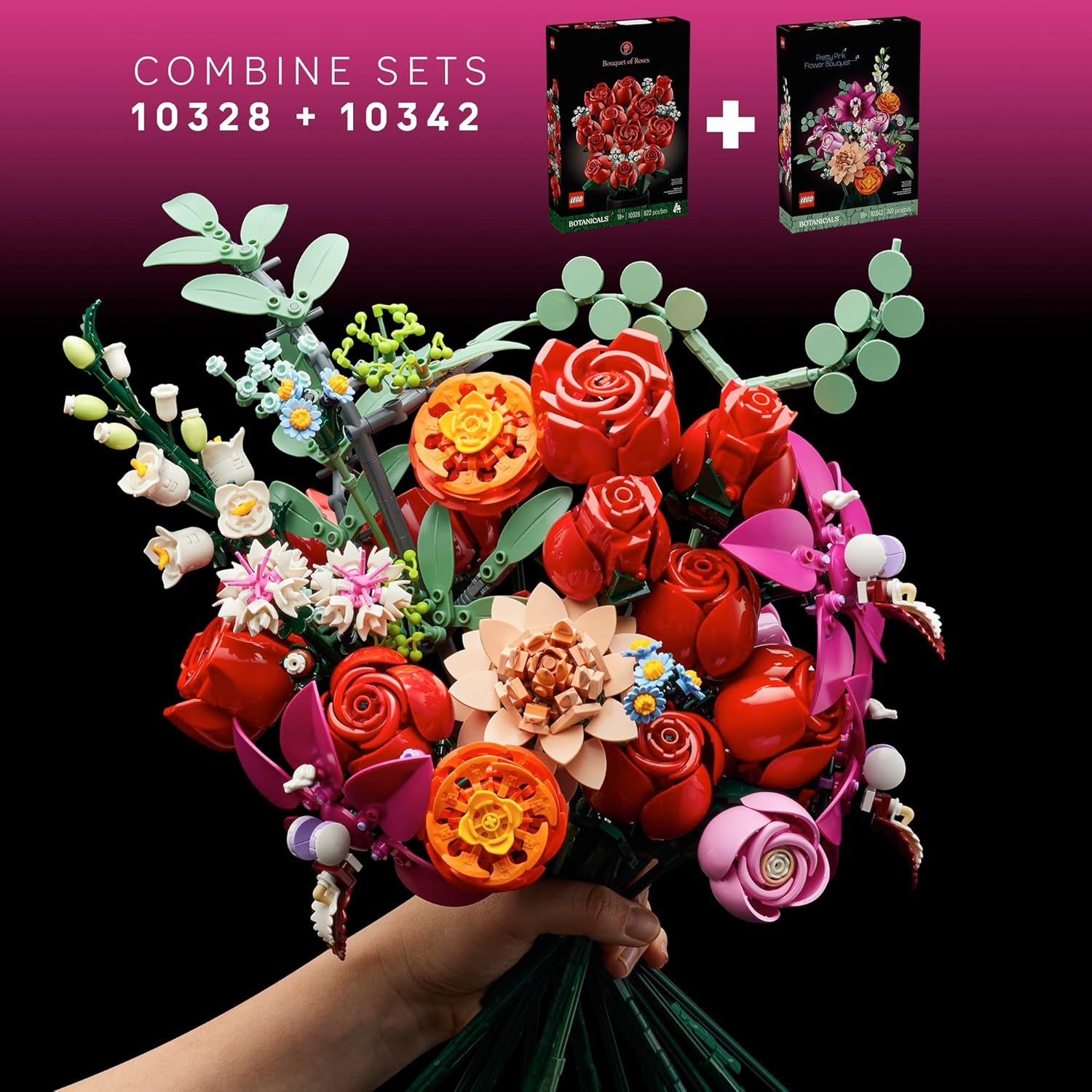 Botanicals Pretty Pink Flower Bouquet Building Sets for Adults - Artificial Flowers for Home Decor, Centerpieces for Tables - Gift for Valentines Day for Her & Him - 10342