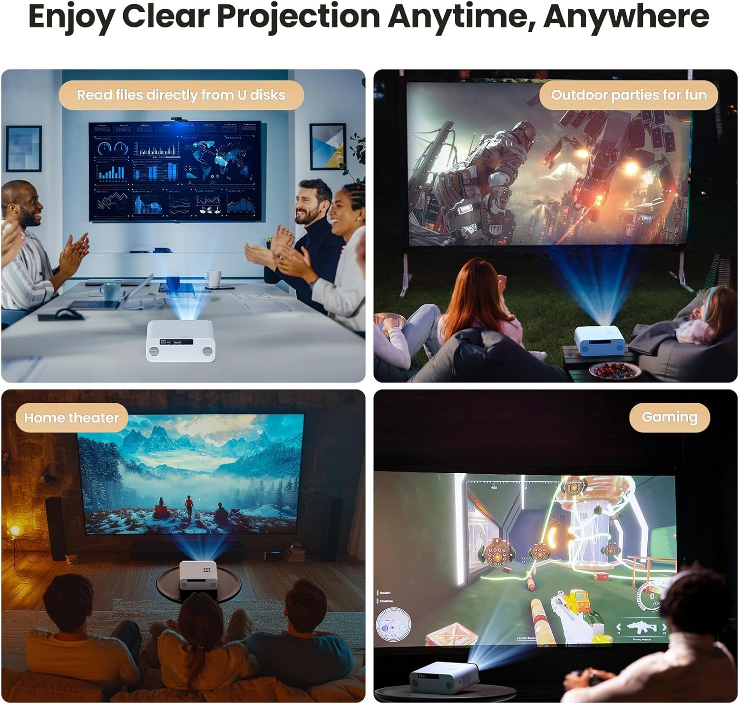Mini Projector, 4K Support Projector with Wifi 6 and Bluetooth 5.2, 1000 ANIS Portable HD1080P Home Video Projector with Auto Focus, Suitable for Family Gatherings, Various Festivals (White)
